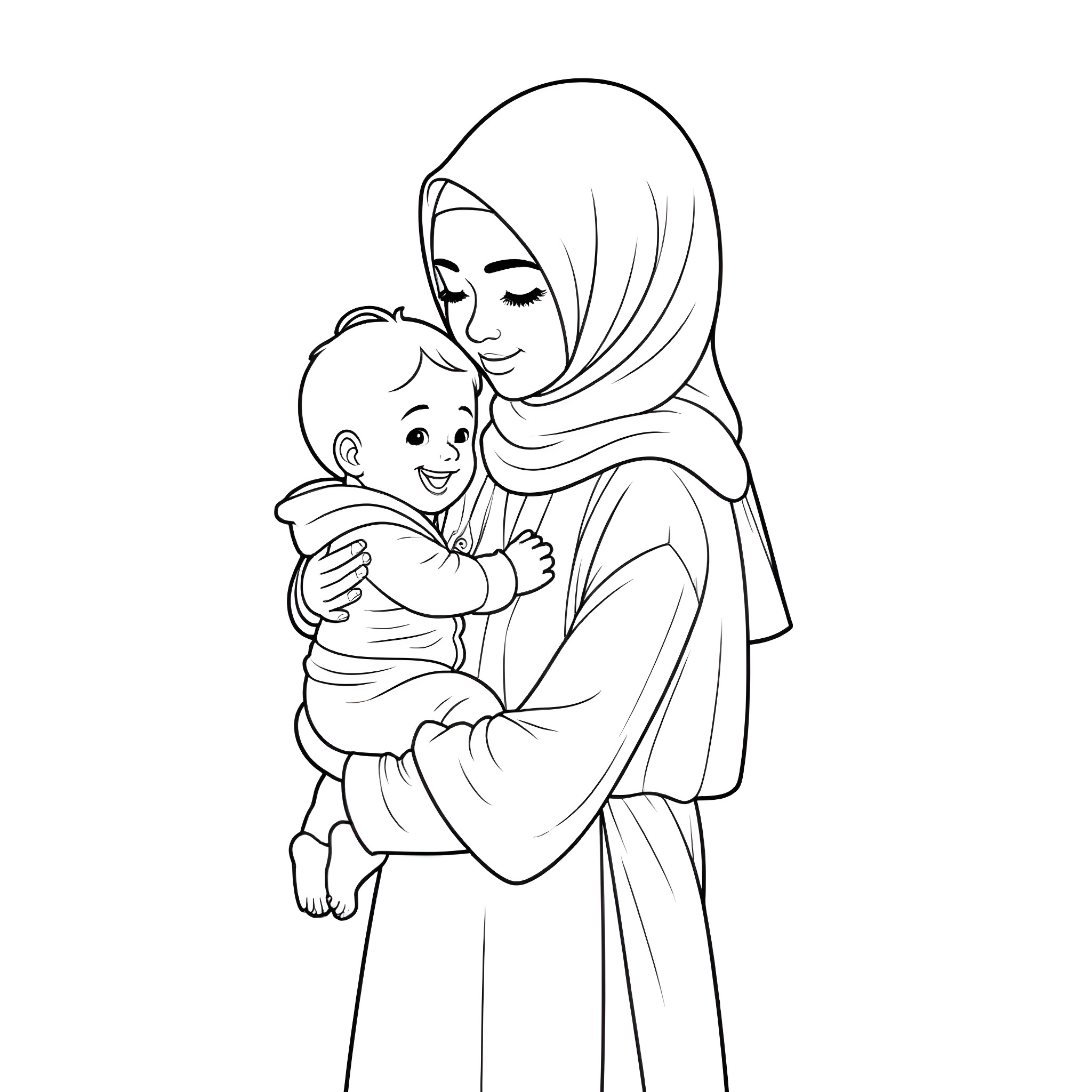 Mother embracing and caring for her child Coloring Page (free black-and-white line drawing printable PDF for all, from beginners to advanced learners, including children, teens, adults, and seniors)