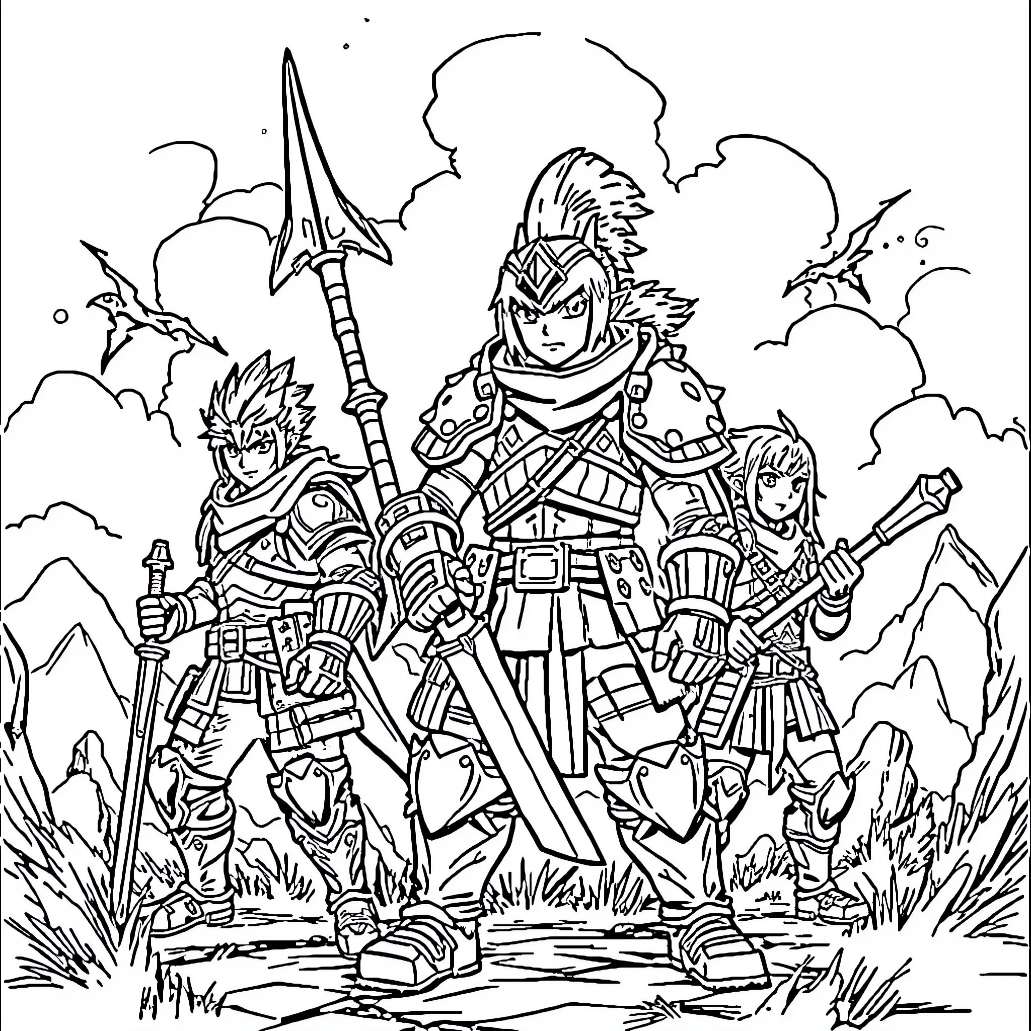 Monster Hunter Squad in Action Coloring Page (free black-and-white line drawing printable PDF for all, from beginners to advanced learners, including children, teens, adults, and seniors)