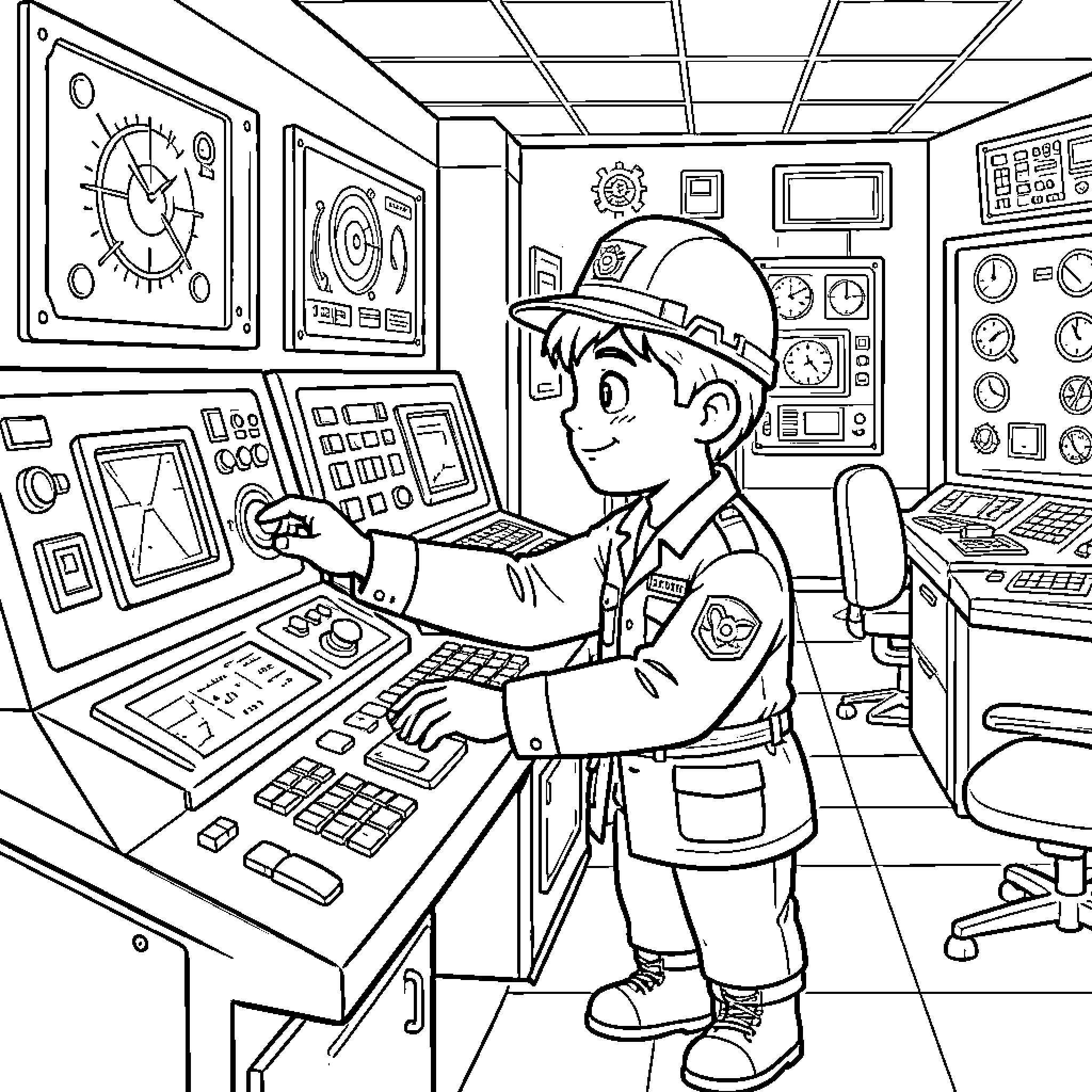 Reactor Operator working at a control panel with monitors Coloring Page (free black-and-white line drawing printable PDF for all, from beginners to advanced learners, including children, teens, adults, and seniors)