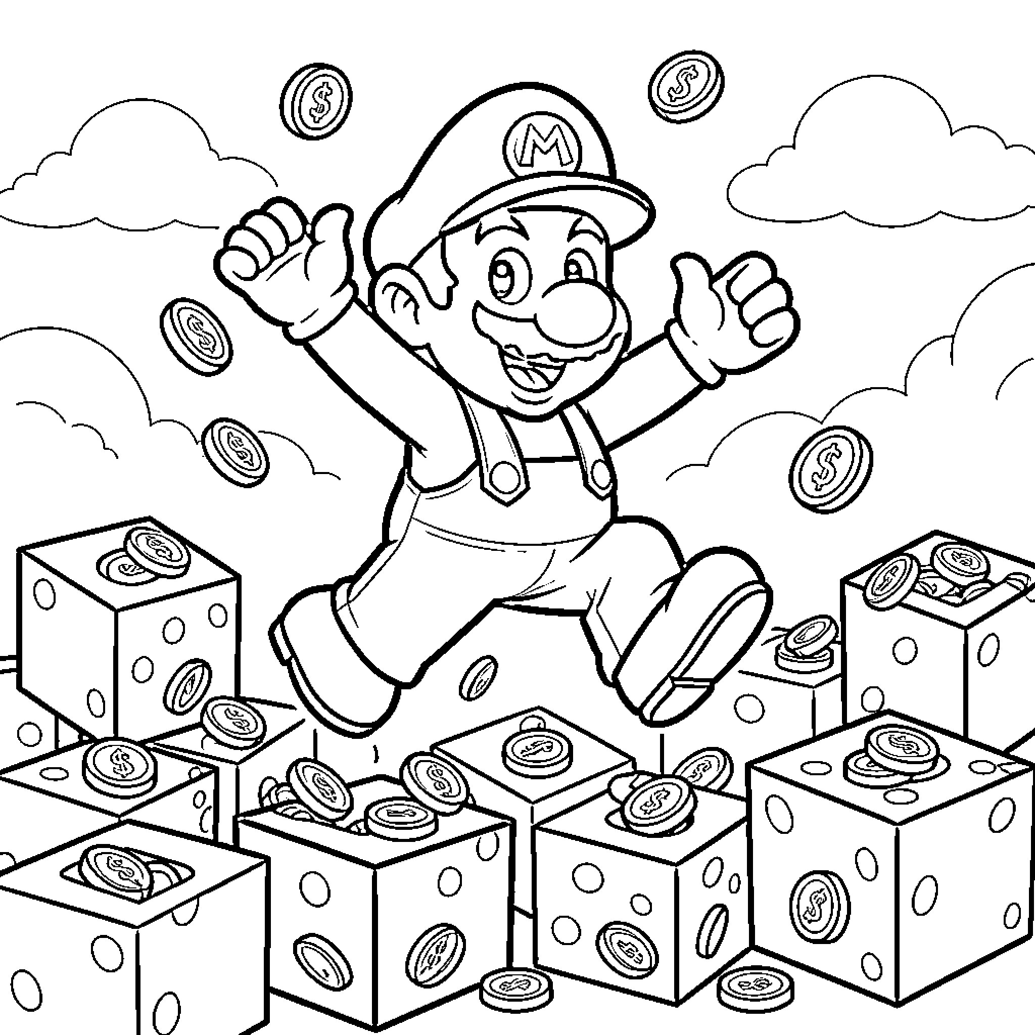 Mario Jumping Joyfully with Coins Coloring Page (free black-and-white line drawing printable PDF for all, from beginners to advanced learners, including children, teens, adults, and seniors)