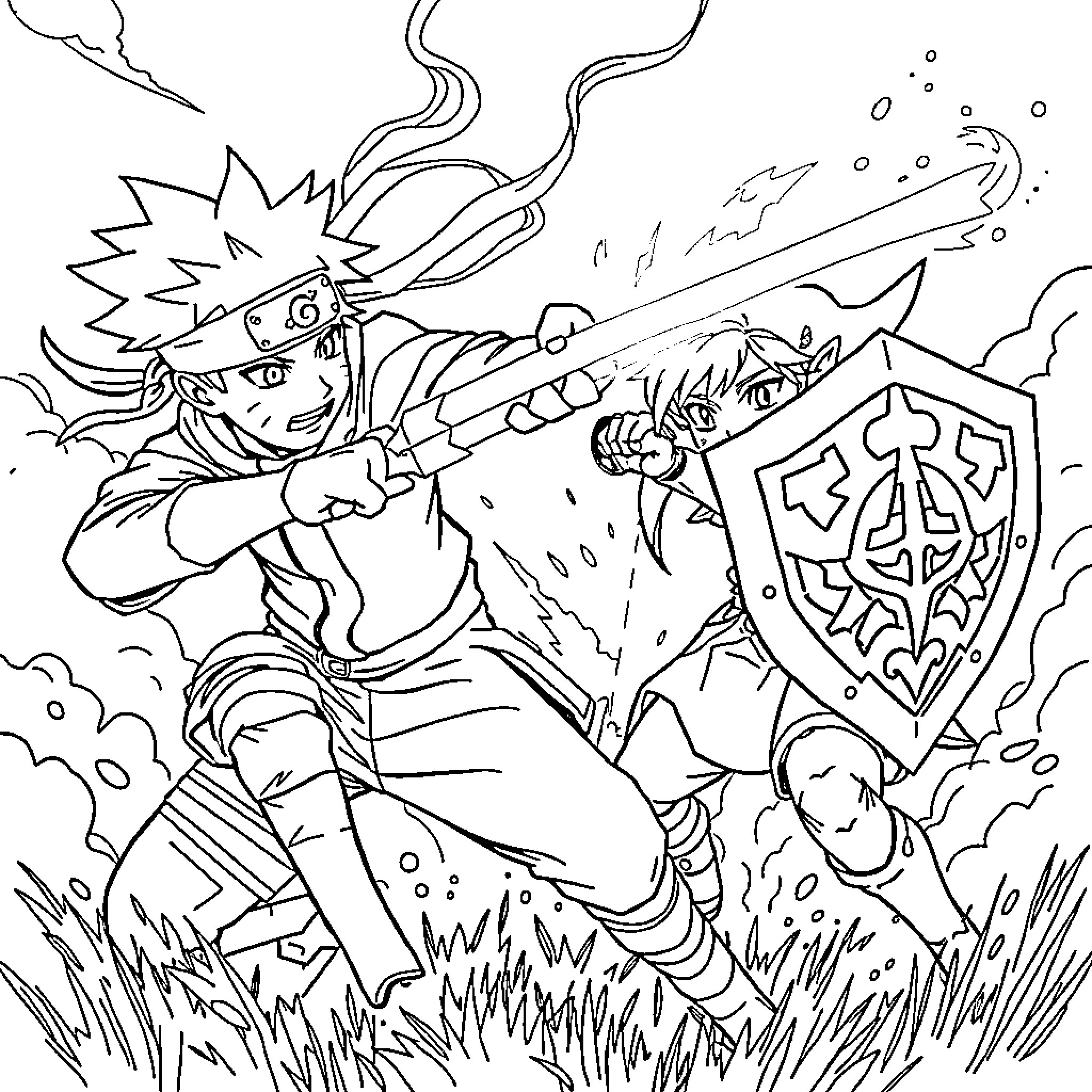 Naruto Ninja Battle Clash with Weapons Coloring Page (free black-and-white line drawing printable PDF for all, from beginners to advanced learners, including children, teens, adults, and seniors)