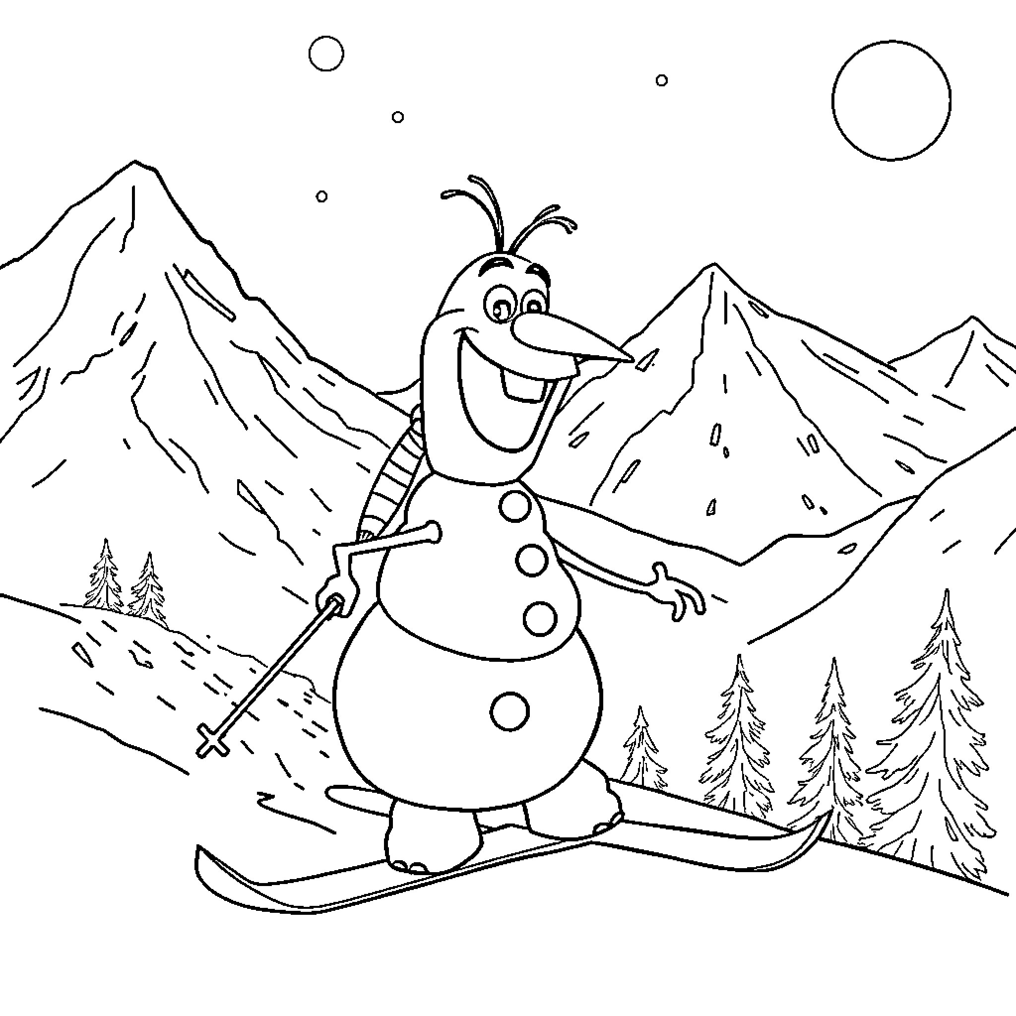 Olaf skiing through the snowy mountains Coloring Page (free black-and-white line drawing printable PDF for all, from beginners to advanced learners, including children, teens, adults, and seniors)