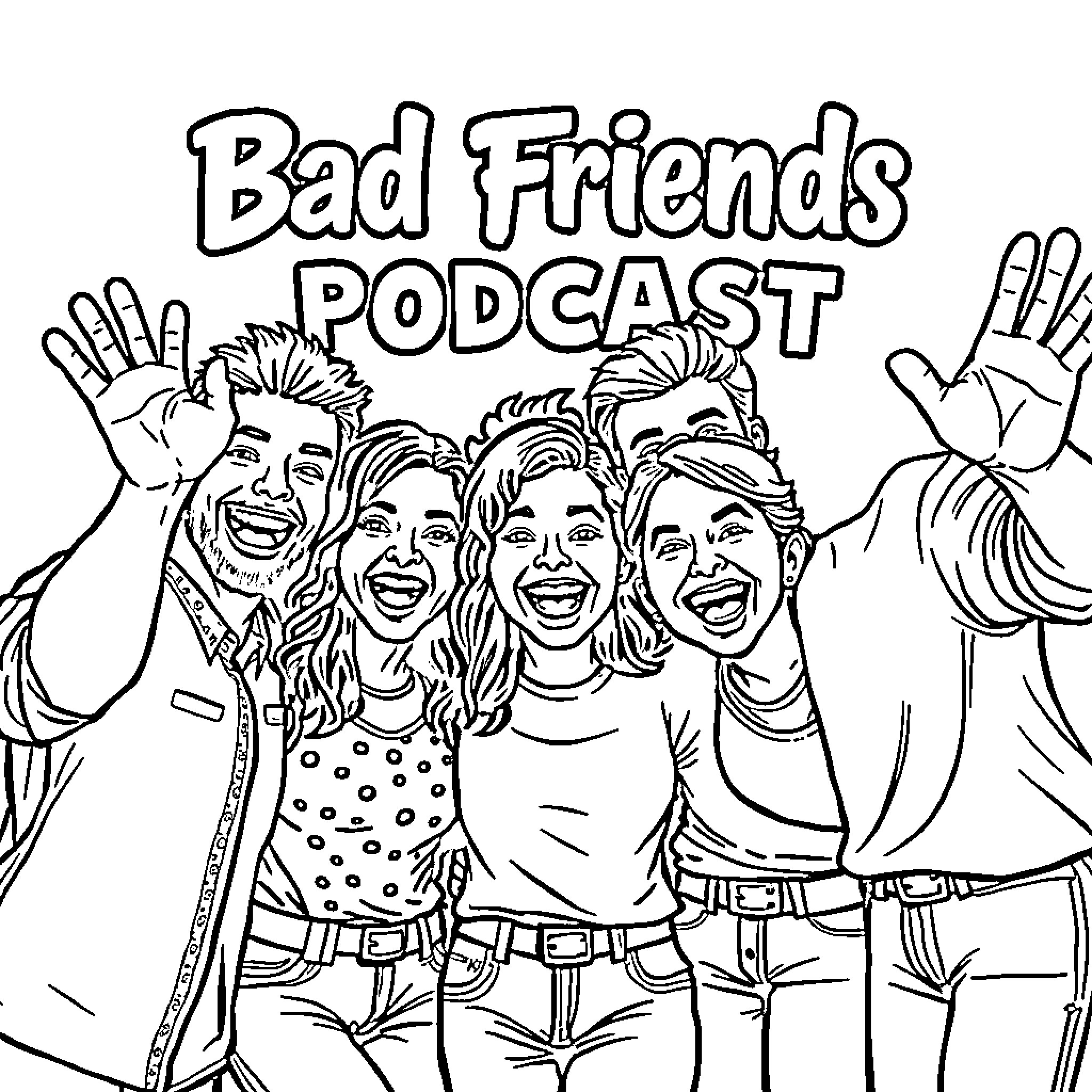 Bad Friends Podcast: Lively group celebrating together Coloring Page (free black-and-white line drawing printable PDF for all, from beginners to advanced learners, including children, teens, adults, and seniors)