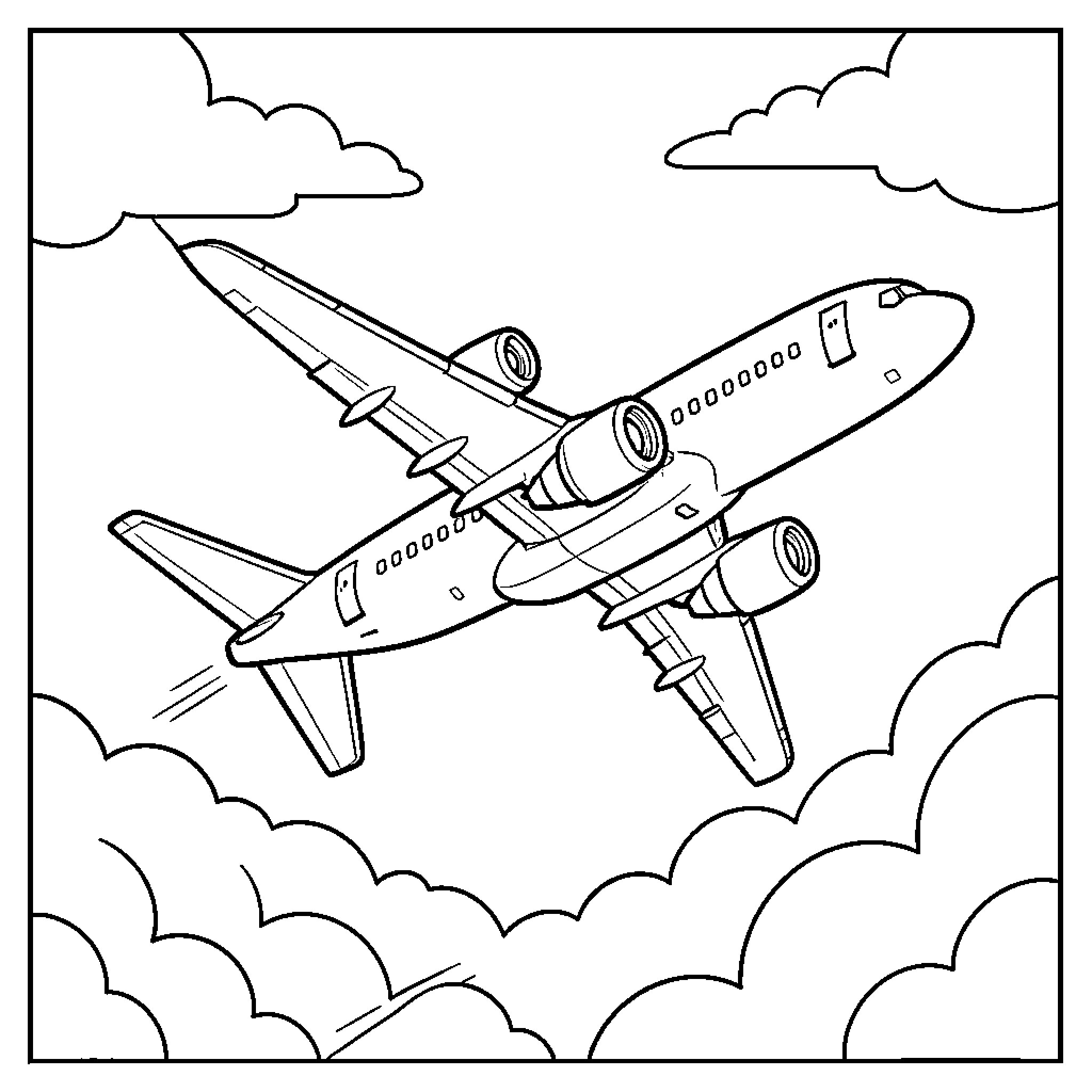 Airplane flying high through the fluffy clouds Coloring Page (free black-and-white line drawing printable PDF for all, from beginners to advanced learners, including children, teens, adults, and seniors)