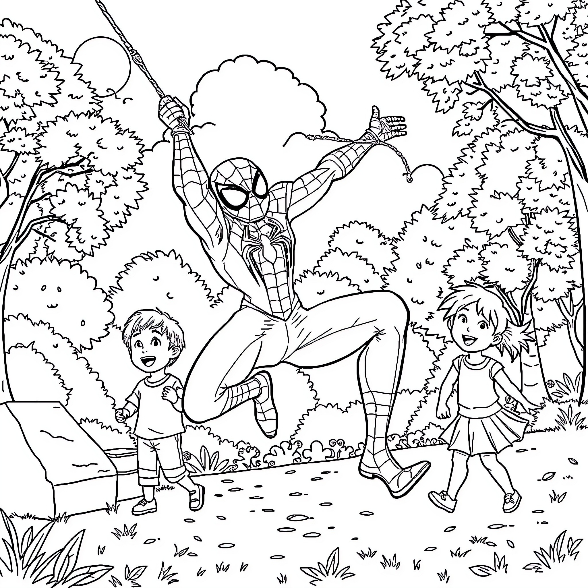 Spiderman swinging joyfully with children in the forest Coloring Page (free black-and-white line drawing printable PDF for all, from beginners to advanced learners, including children, teens, adults, and seniors)