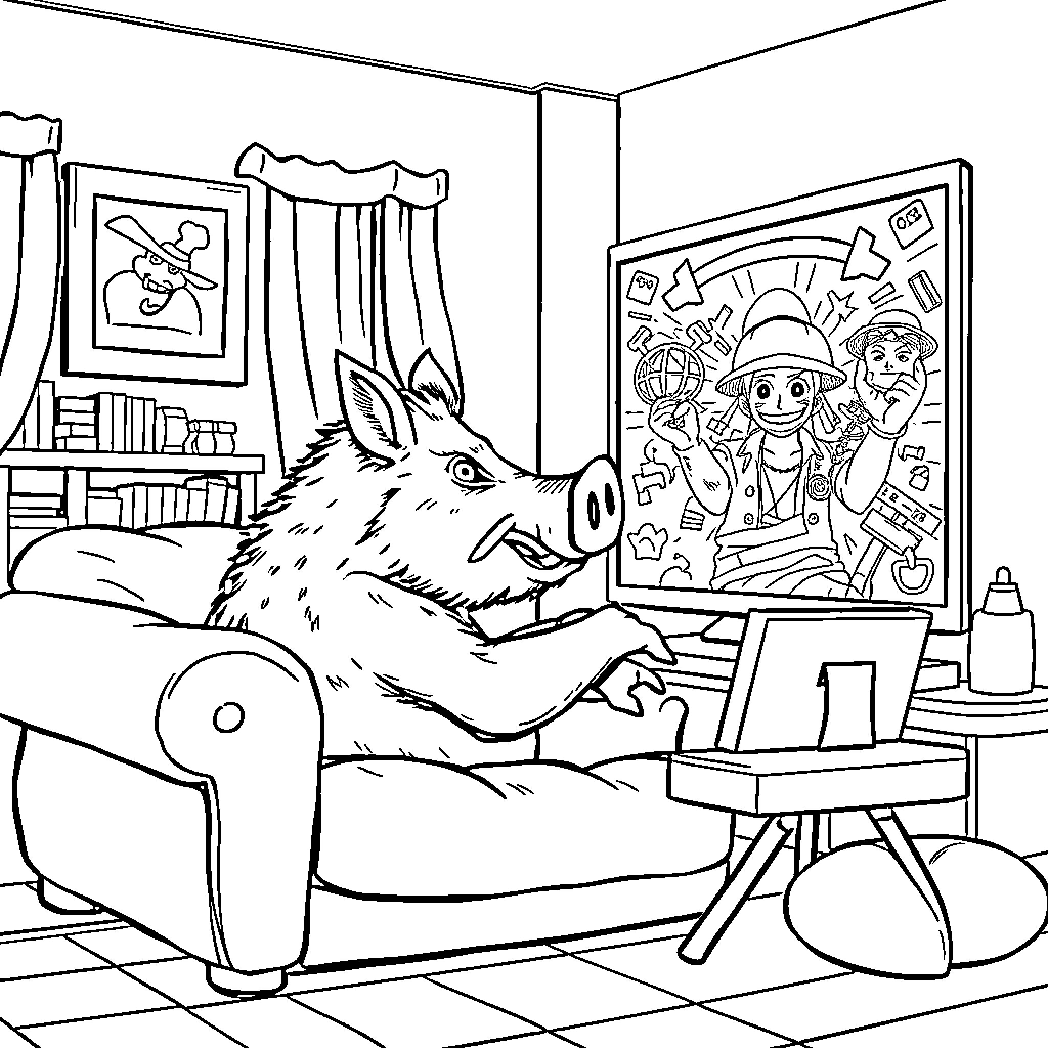 Boar painting whimsical artwork in cozy studio Coloring Page (free black-and-white line drawing printable PDF for all, from beginners to advanced learners, including children, teens, adults, and seniors)