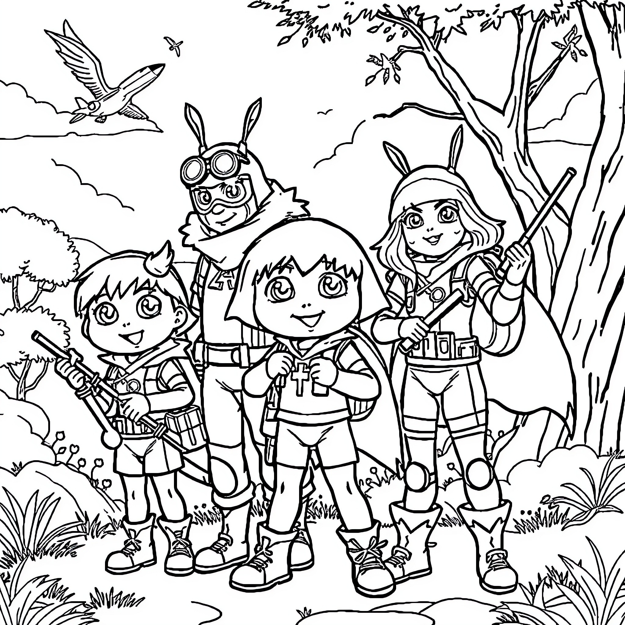 Paw Patrol Characters on an Outdoor Adventure Coloring Page (free black-and-white line drawing printable PDF for all, from beginners to advanced learners, including children, teens, adults, and seniors)