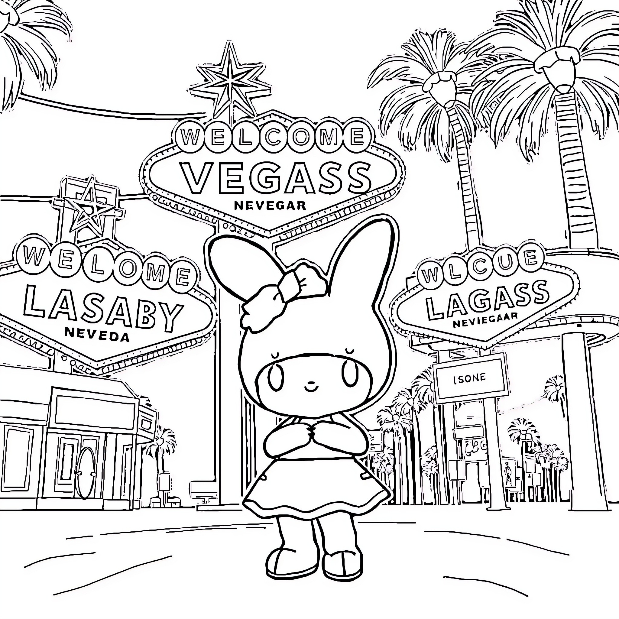 My Melody Visits the Lively Las Vegas Strip Coloring Page (free black-and-white line drawing printable PDF for all, from beginners to advanced learners, including children, teens, adults, and seniors)