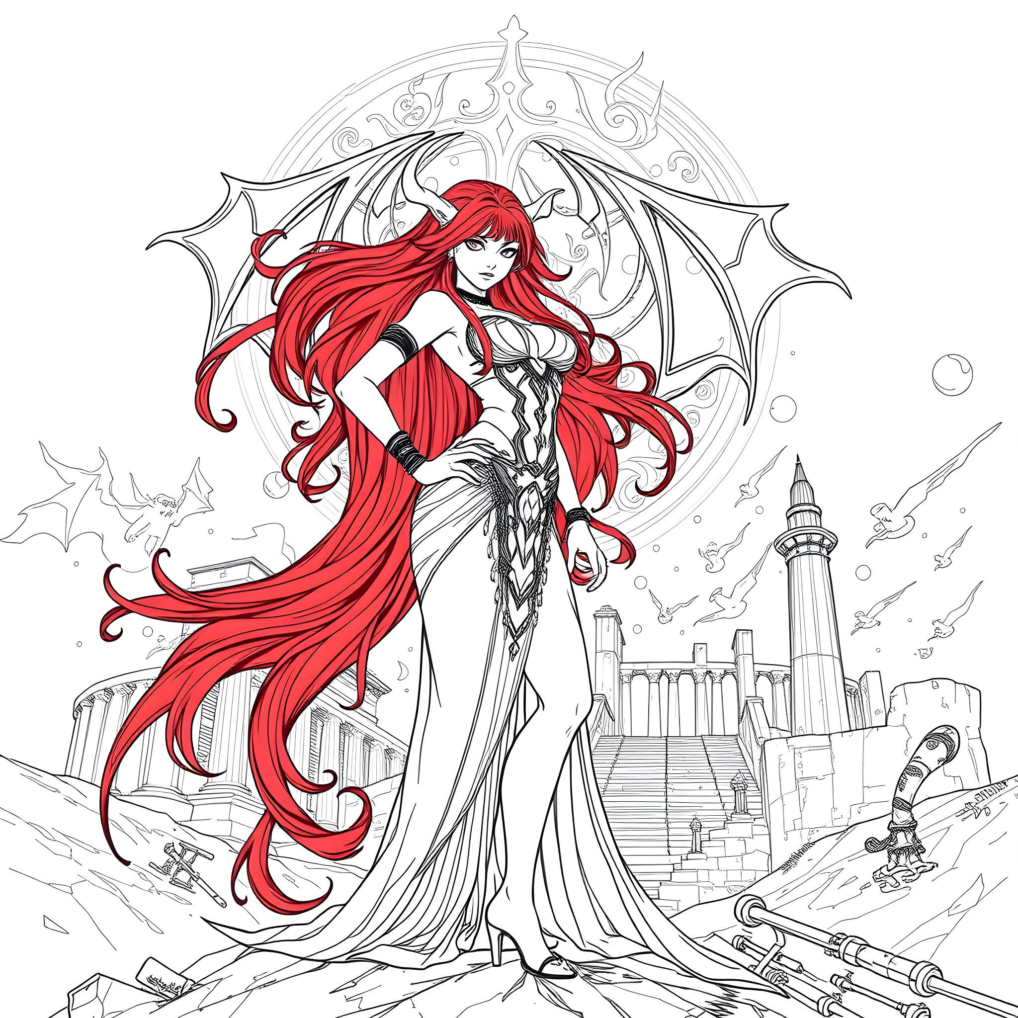 Rias Gregory's Majestic Appearance in a Fantastical Realm Coloring Page (free black-and-white line drawing printable PDF for all, from beginners to advanced learners, including children, teens, adults, and seniors)