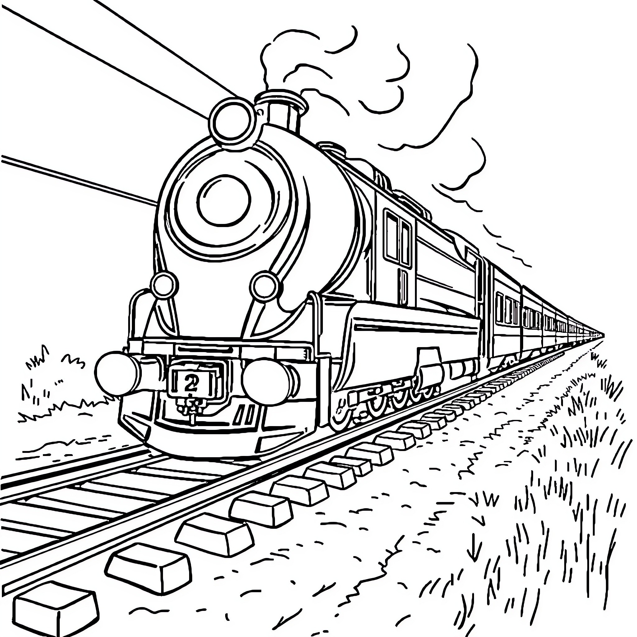 Train speeding through the countryside Coloring Page (free black-and-white line drawing printable PDF for all, from beginners to advanced learners, including children, teens, adults, and seniors)