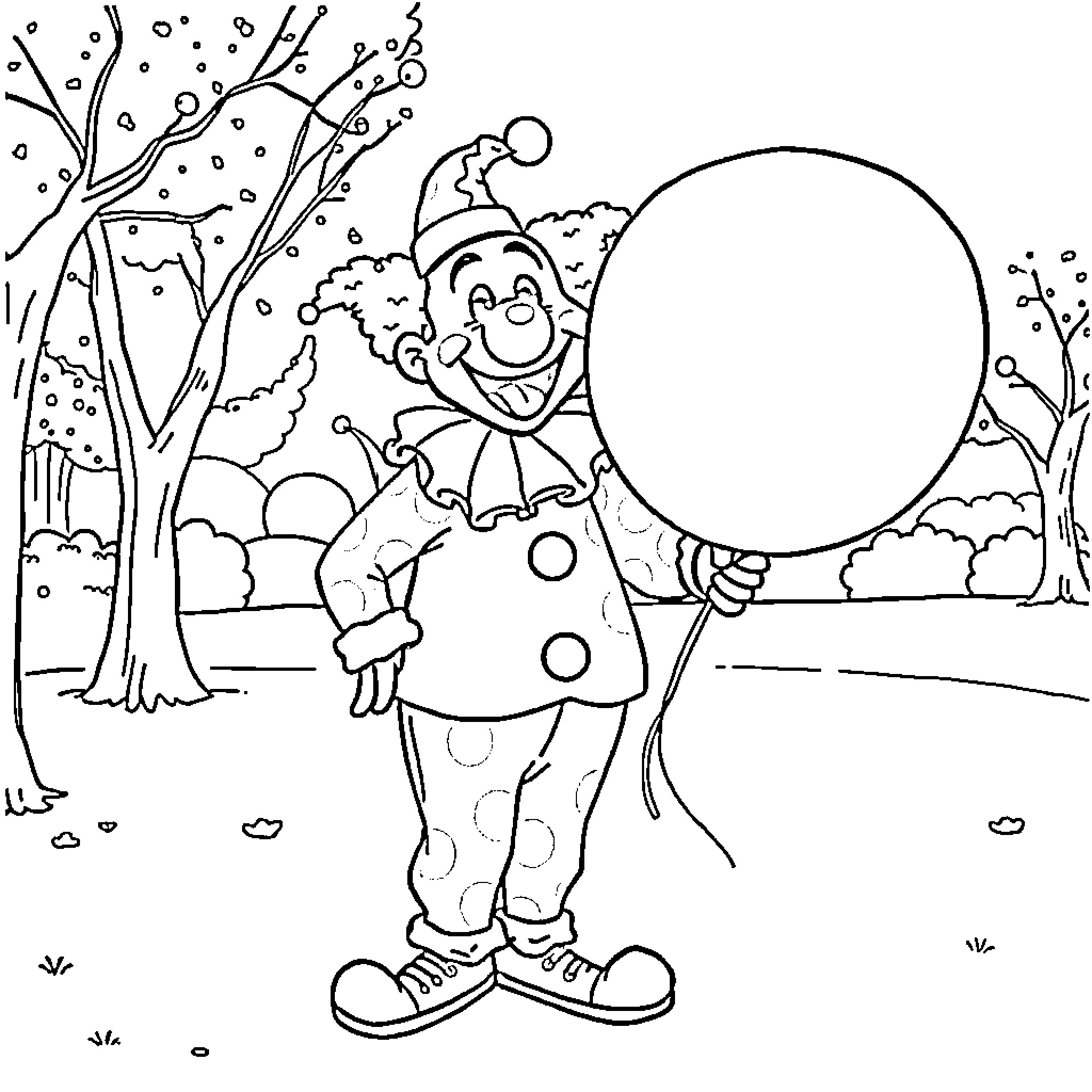 Clown juggling in a snowy landscape Coloring Page (free black-and-white line drawing printable PDF for all, from beginners to advanced learners, including children, teens, adults, and seniors)