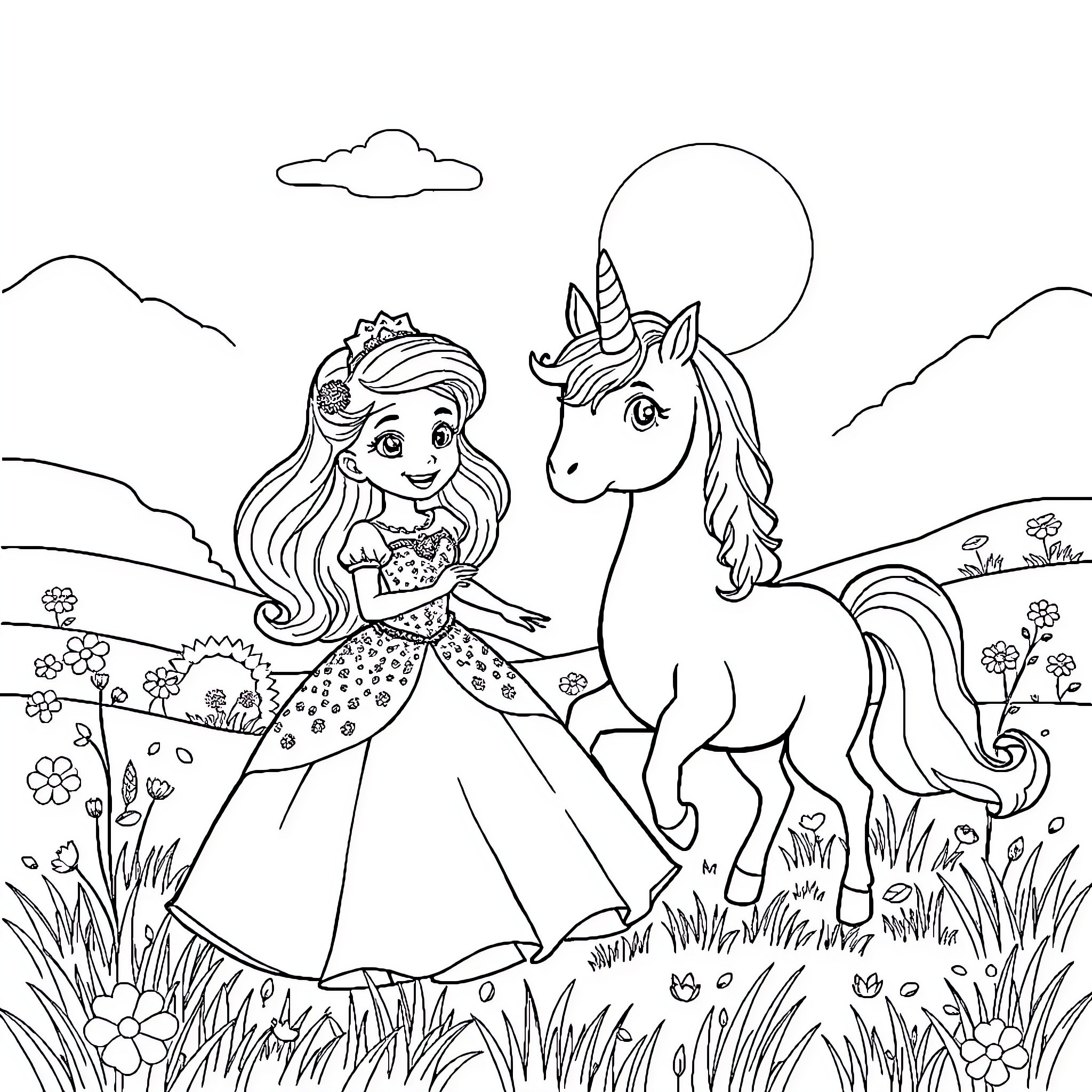 Princess and Unicorn in Enchanted Meadow Coloring Page (free black-and-white line drawing printable PDF for all, from beginners to advanced learners, including children, teens, adults, and seniors)