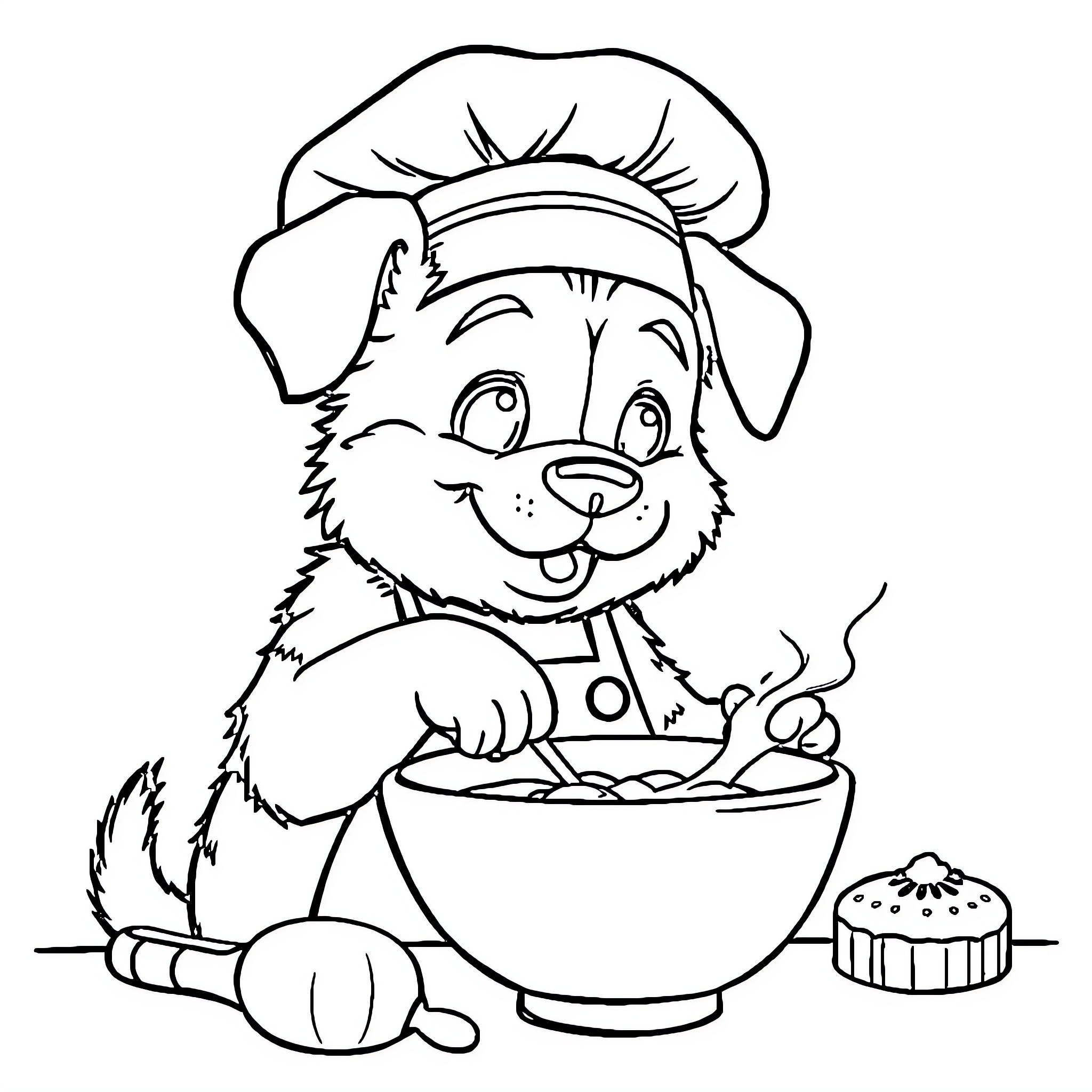 Dog Chef Preparing a Tasty Meal Coloring Page (free black-and-white line drawing printable PDF for all, from beginners to advanced learners, including children, teens, adults, and seniors)