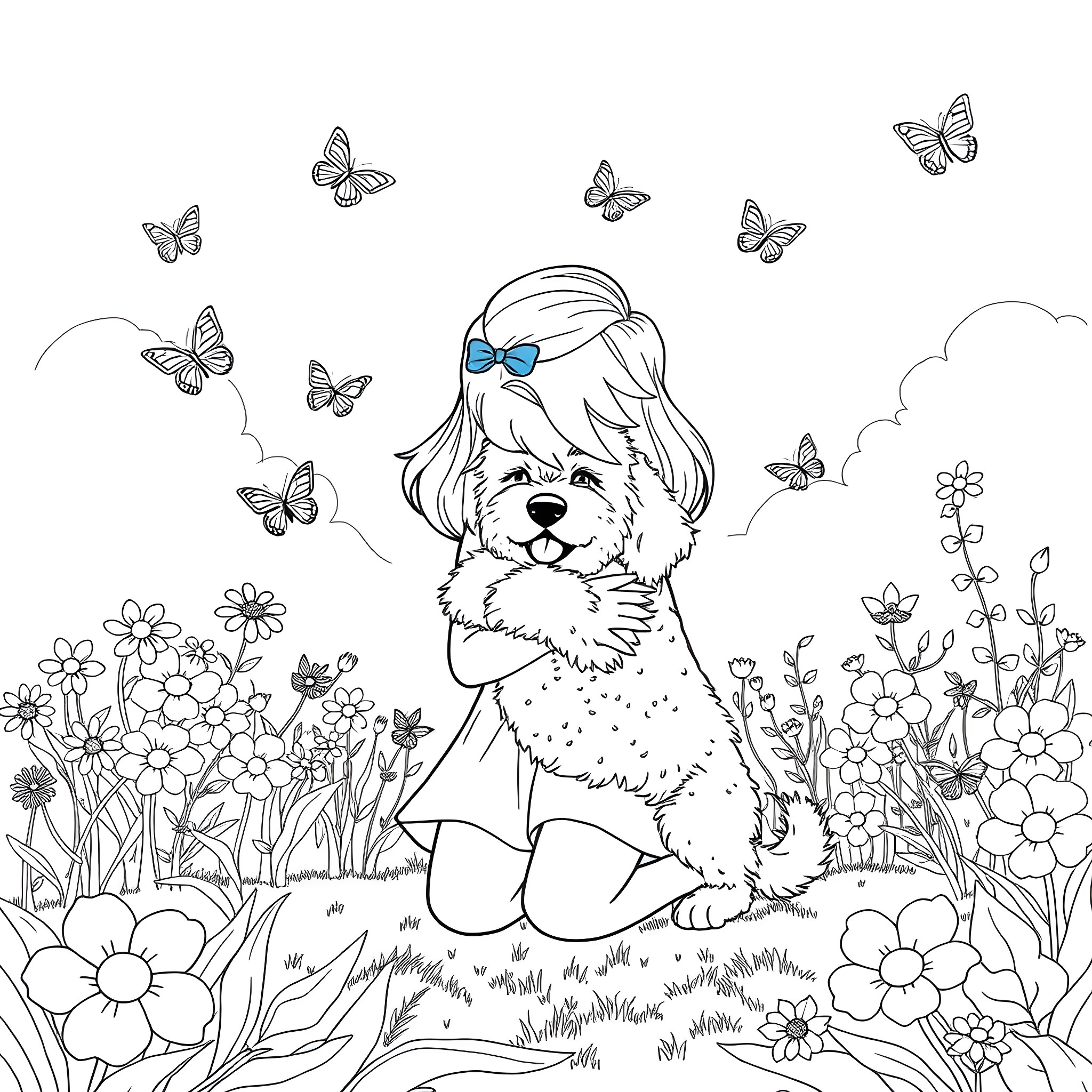 Girl playing happily with butterflies in the garden Coloring Page (free black-and-white line drawing printable PDF for all, from beginners to advanced learners, including children, teens, adults, and seniors)