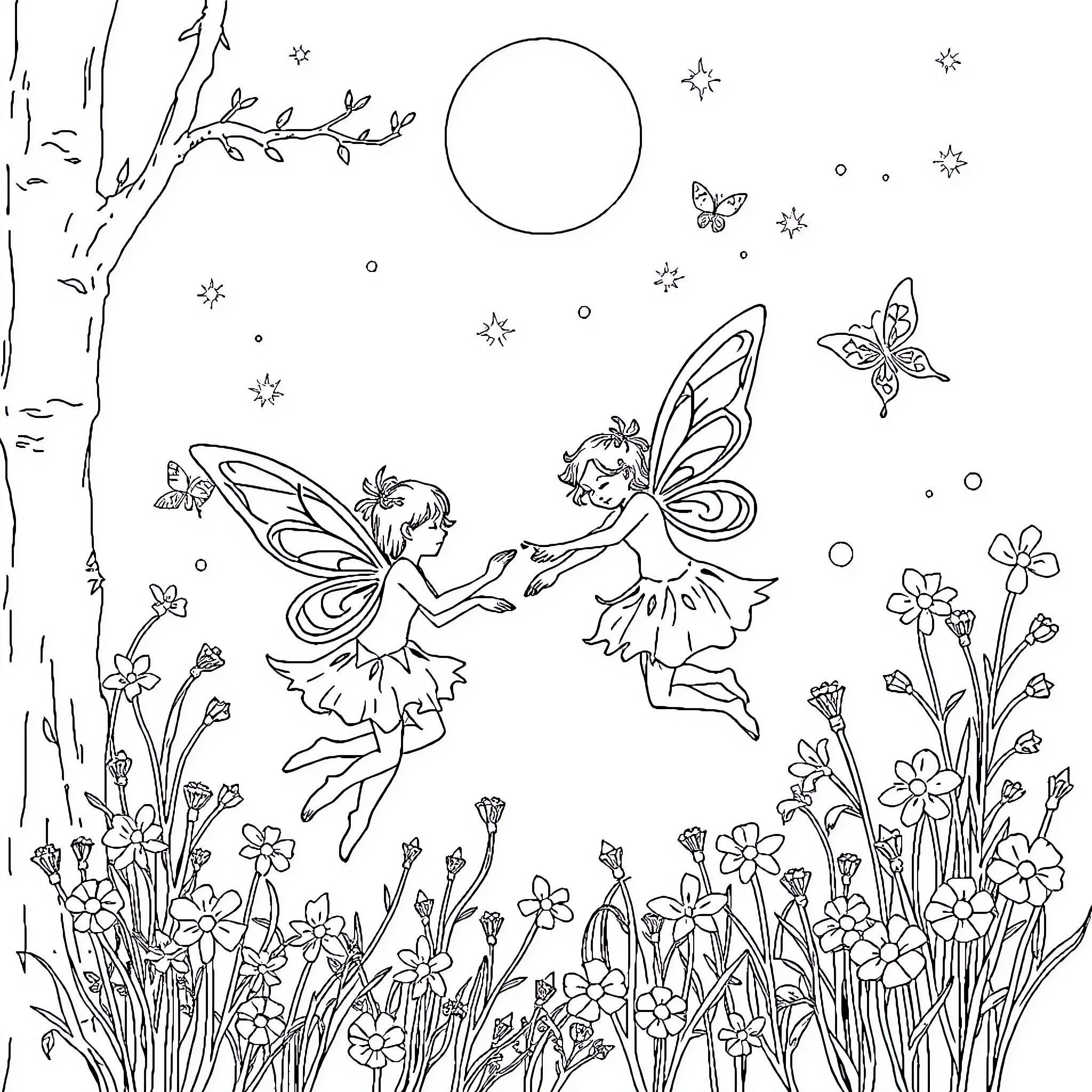 Fairy Companions Dancing Amidst Enchanted Nature Coloring Page (free black-and-white line drawing printable PDF for all, from beginners to advanced learners, including children, teens, adults, and seniors)