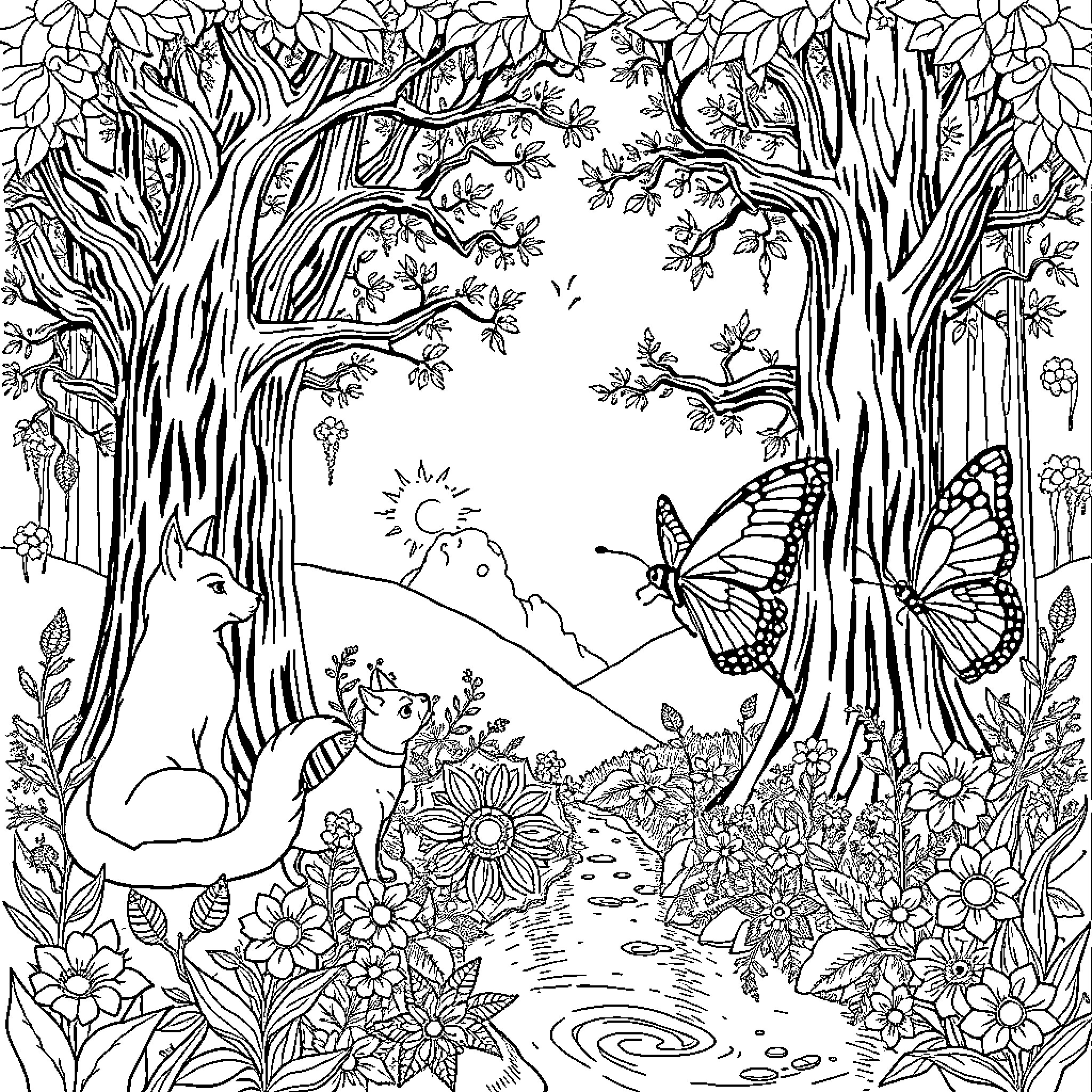 Animal characters in whimsical forest landscape Coloring Page (free black-and-white line drawing printable PDF for all, from beginners to advanced learners, including children, teens, adults, and seniors)