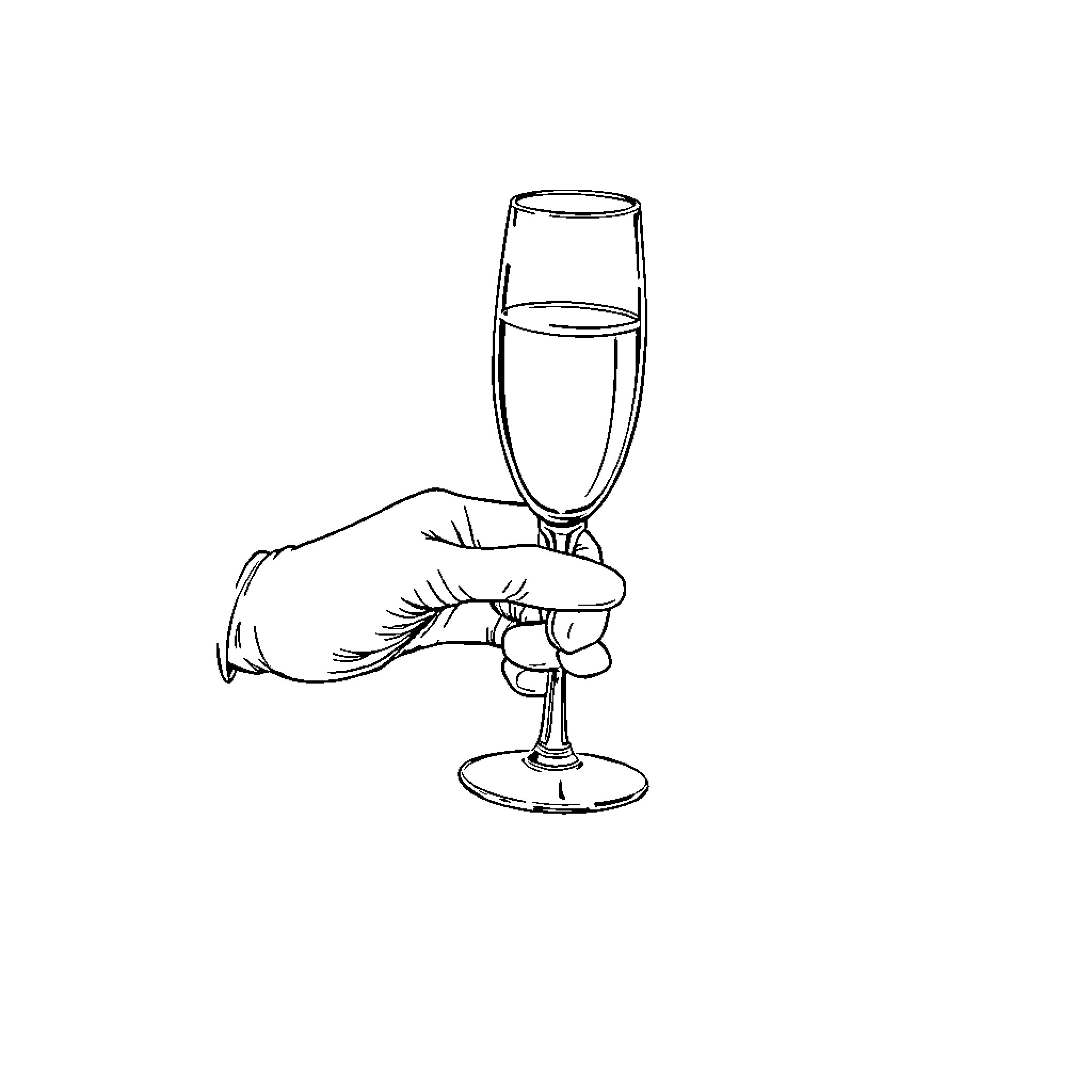Hand holding a glass of champagne Coloring Page (free black-and-white line drawing printable PDF for all, from beginners to advanced learners, including children, teens, adults, and seniors)