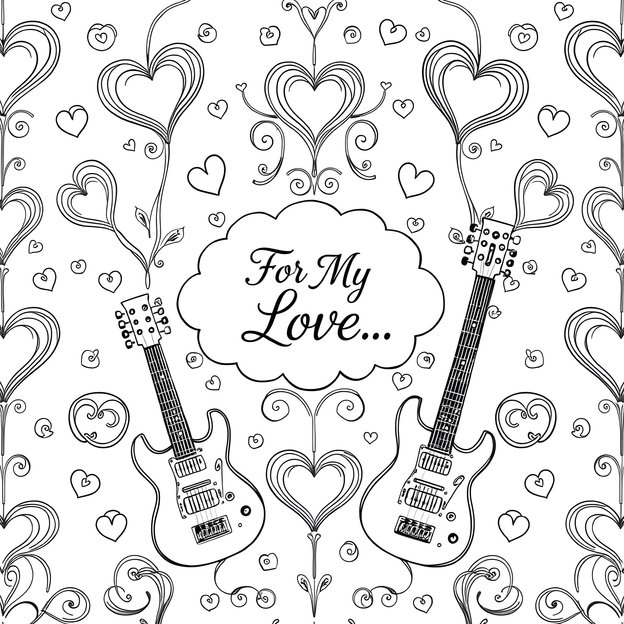 Guitar love scene with hearts and swirls Coloring Page (free black-and-white line drawing printable PDF for all, from beginners to advanced learners, including children, teens, adults, and seniors)