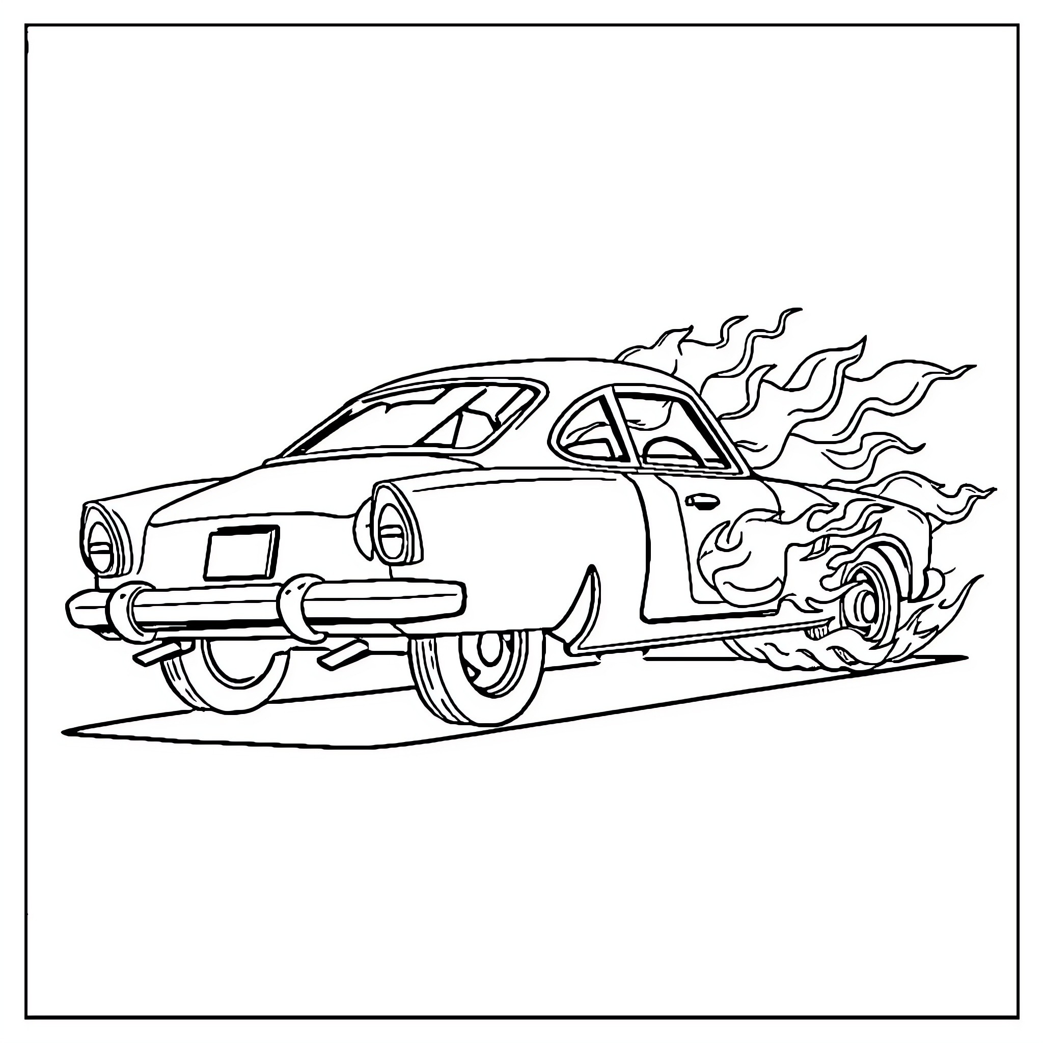 Rocket Car speeding with flames Coloring Page (free black-and-white line drawing printable PDF for all, from beginners to advanced learners, including children, teens, adults, and seniors)