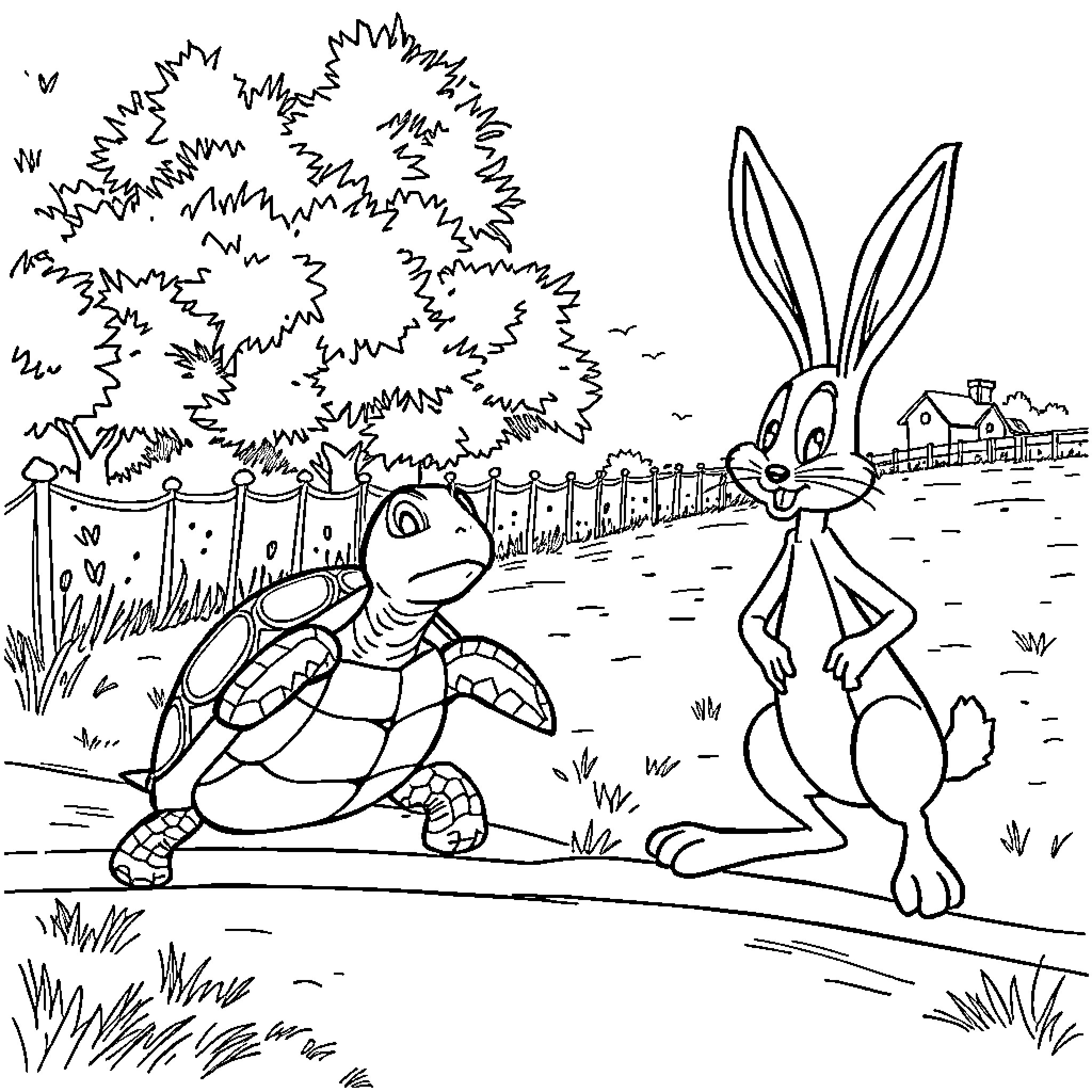 Turtle and rabbit in a countryside setting Coloring Page (free black-and-white line drawing printable PDF for all, from beginners to advanced learners, including children, teens, adults, and seniors)