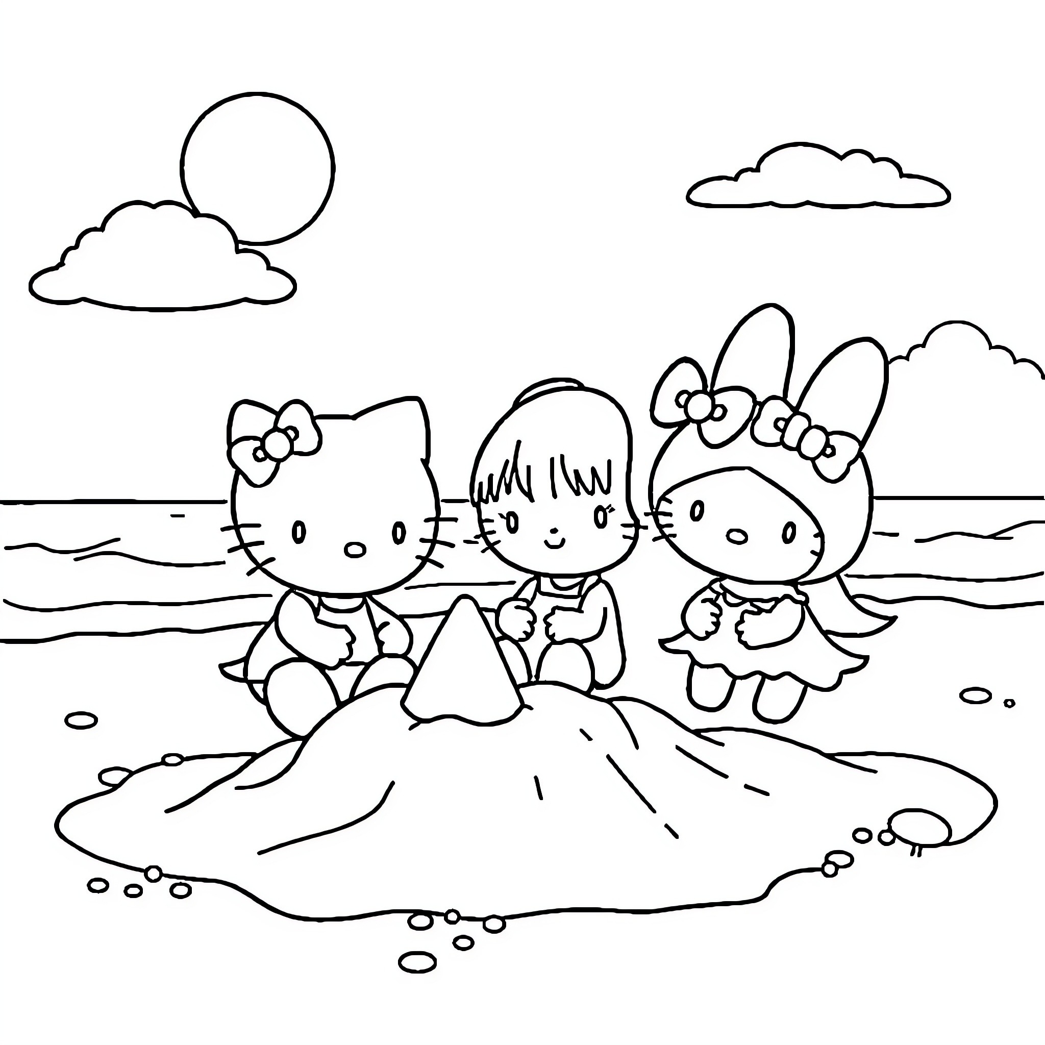 Hello Kitty and friends enjoy the beach Coloring Page (free black-and-white line drawing printable PDF for all, from beginners to advanced learners, including children, teens, adults, and seniors)