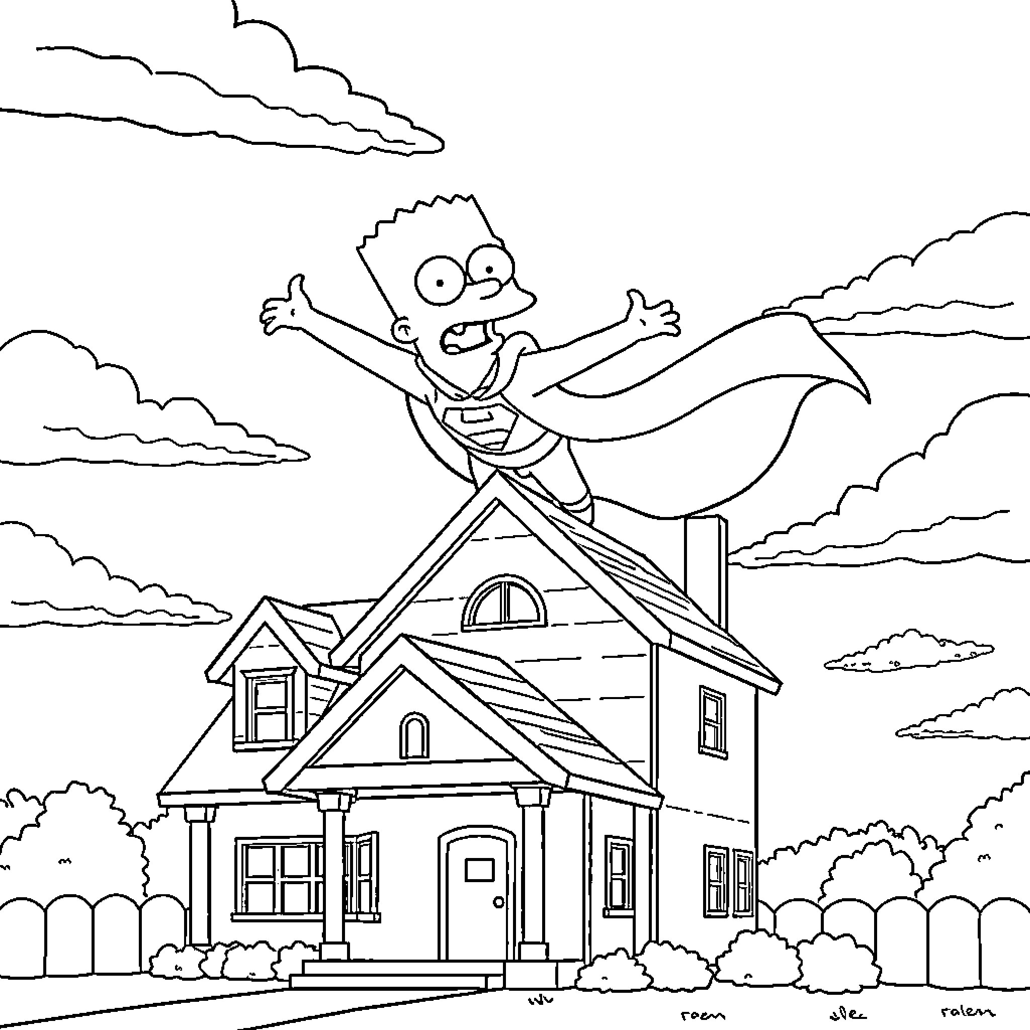 Stewie flying over a house with a surprised expression Coloring Page (free black-and-white line drawing printable PDF for all, from beginners to advanced learners, including children, teens, adults, and seniors)