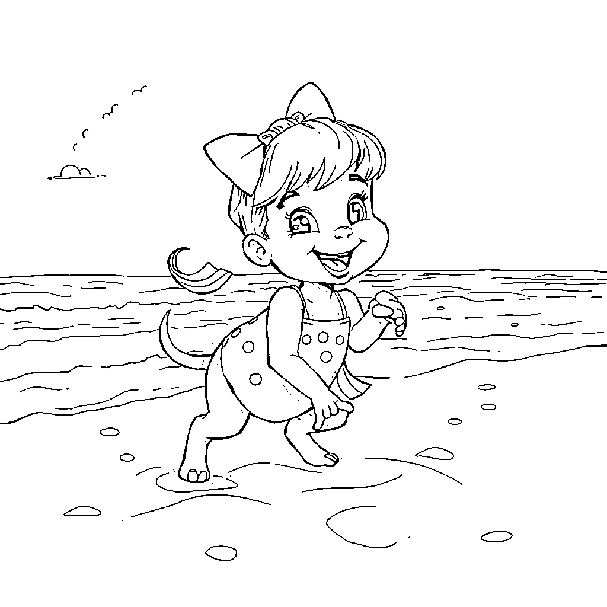 Gabby's Playful Beach Adventure Coloring Page (free black-and-white line drawing printable PDF for all, from beginners to advanced learners, including children, teens, adults, and seniors)