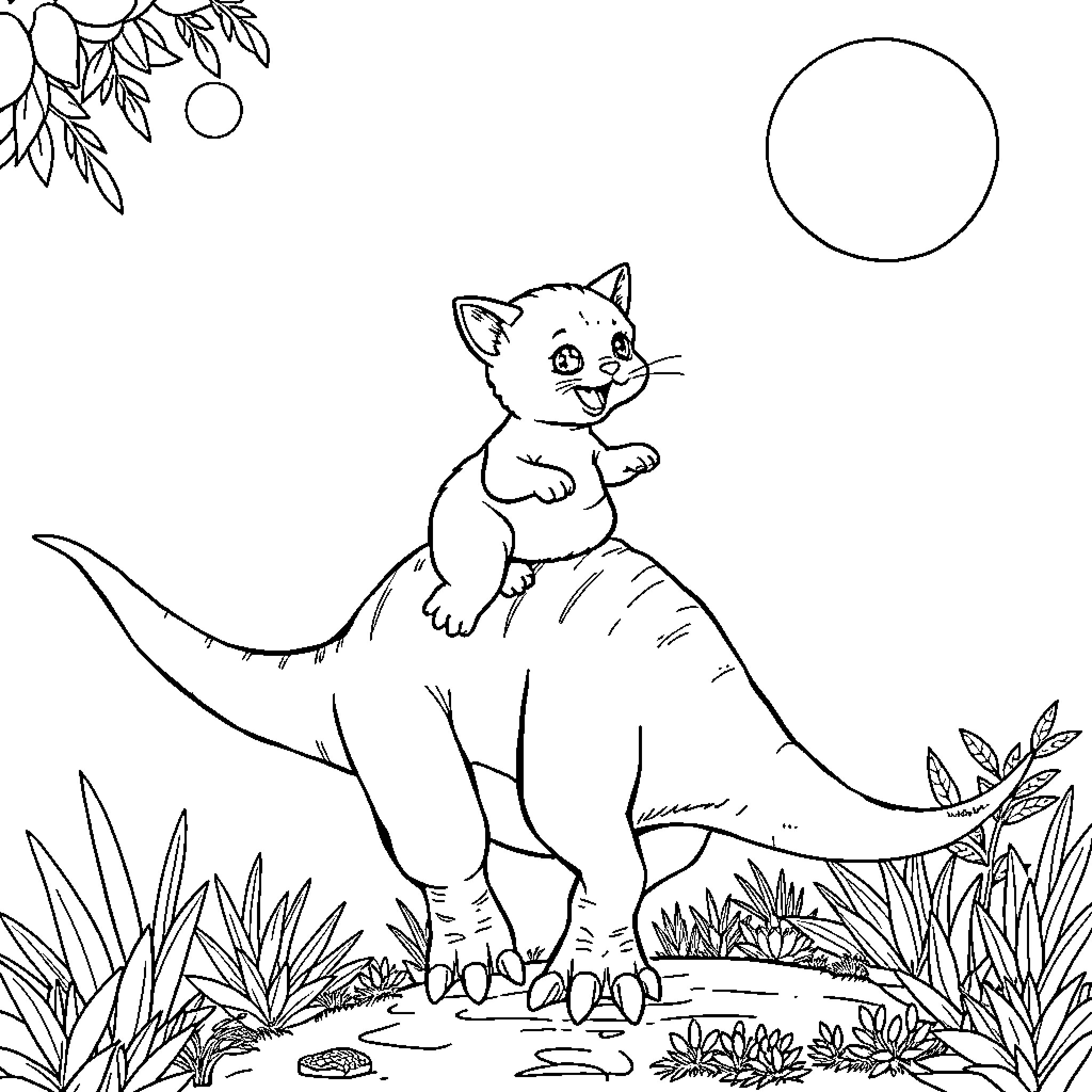 Kitten exploring the outdoors Coloring Page (free black-and-white line drawing printable PDF for all, from beginners to advanced learners, including children, teens, adults, and seniors)