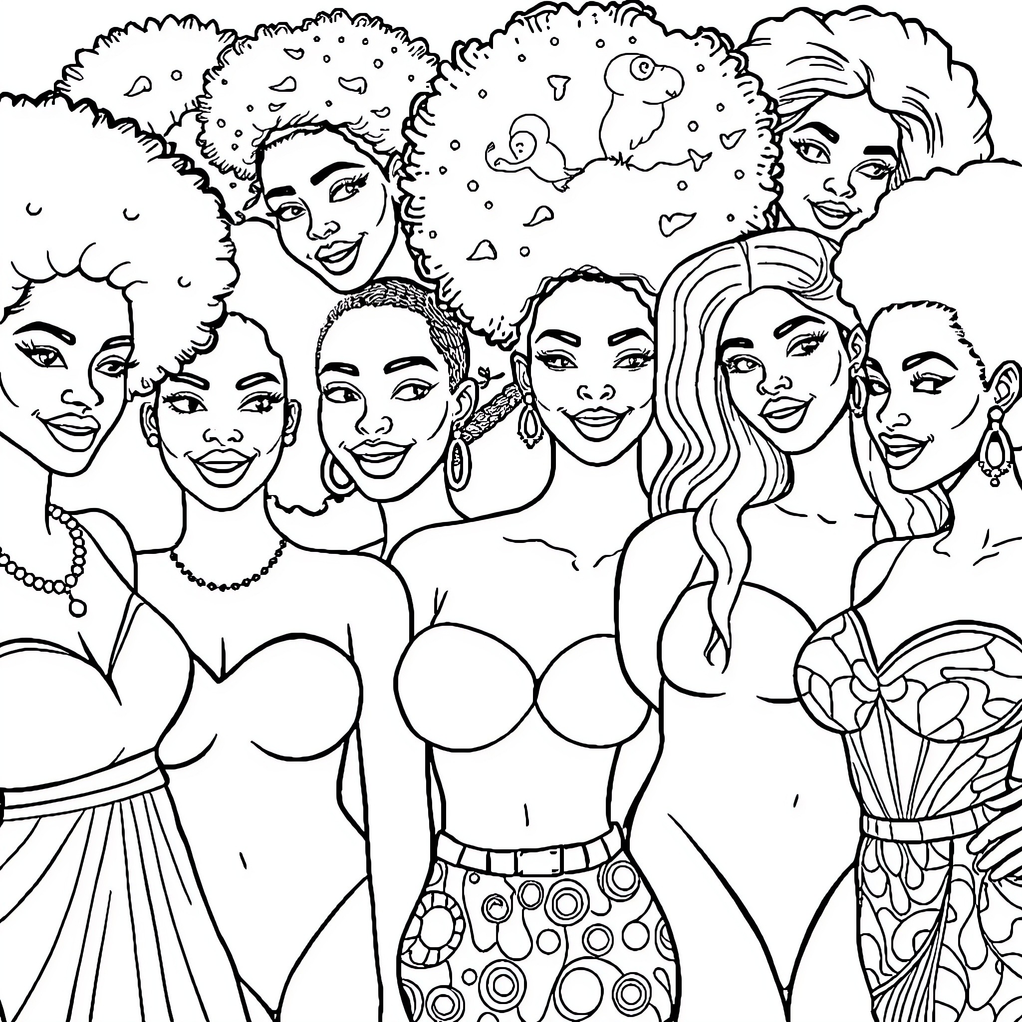 Women expressing diverse beauty and styles Coloring Page (free black-and-white line drawing printable PDF for all, from beginners to advanced learners, including children, teens, adults, and seniors)