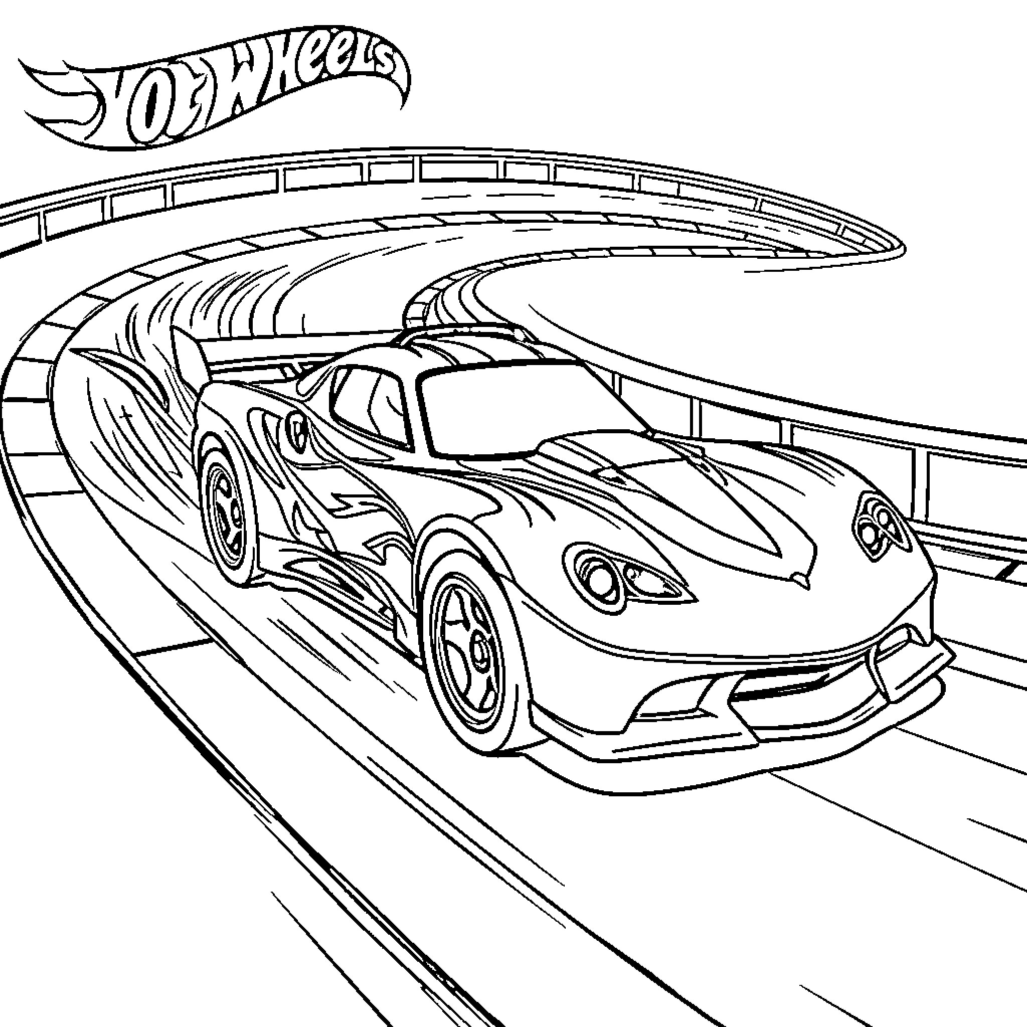 Car racing on Hot Wheels track Coloring Page (free black-and-white line drawing printable PDF for all, from beginners to advanced learners, including children, teens, adults, and seniors)