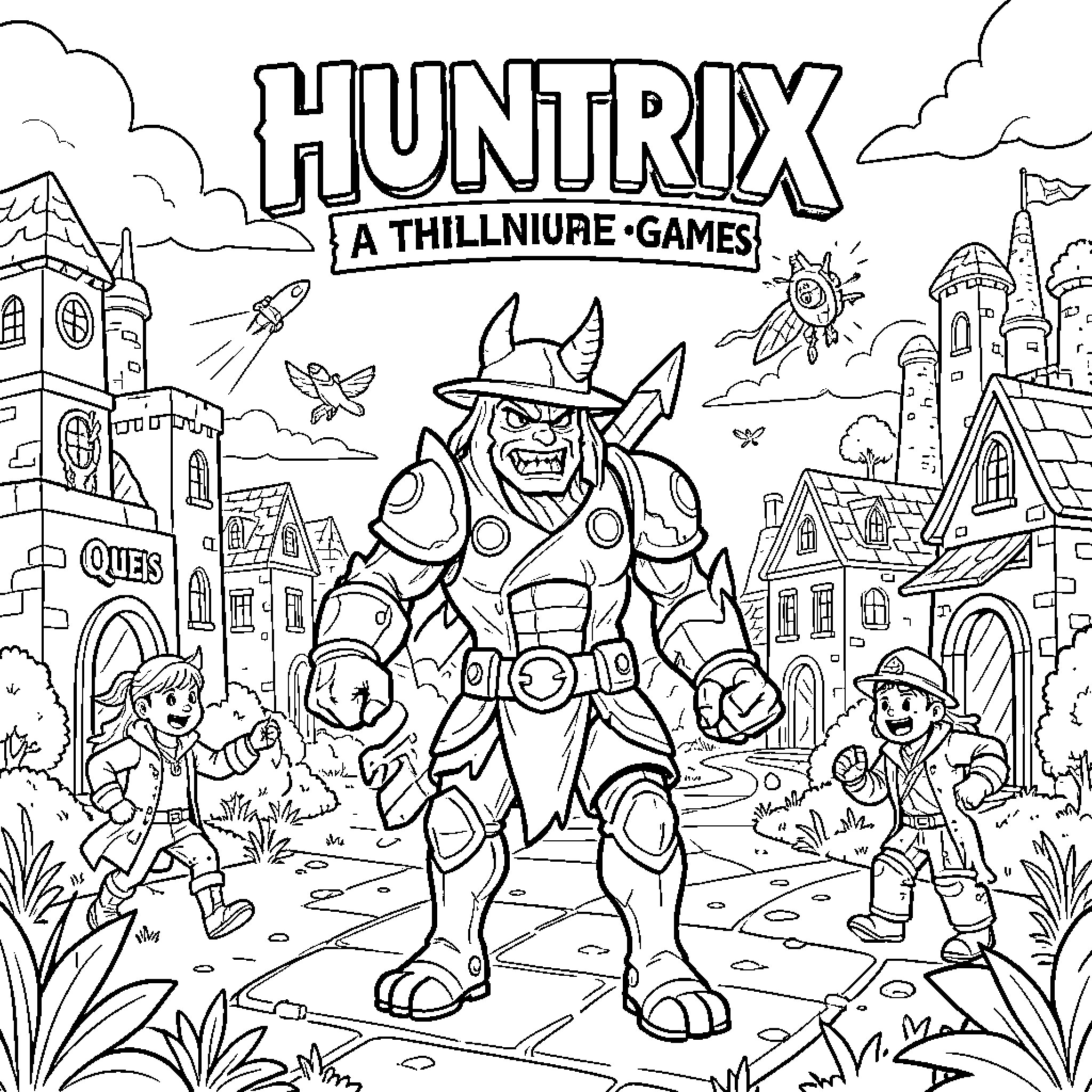 Huntrix: A Thrilling Games Adventure Coloring Page (free black-and-white line drawing printable PDF for all, from beginners to advanced learners, including children, teens, adults, and seniors)