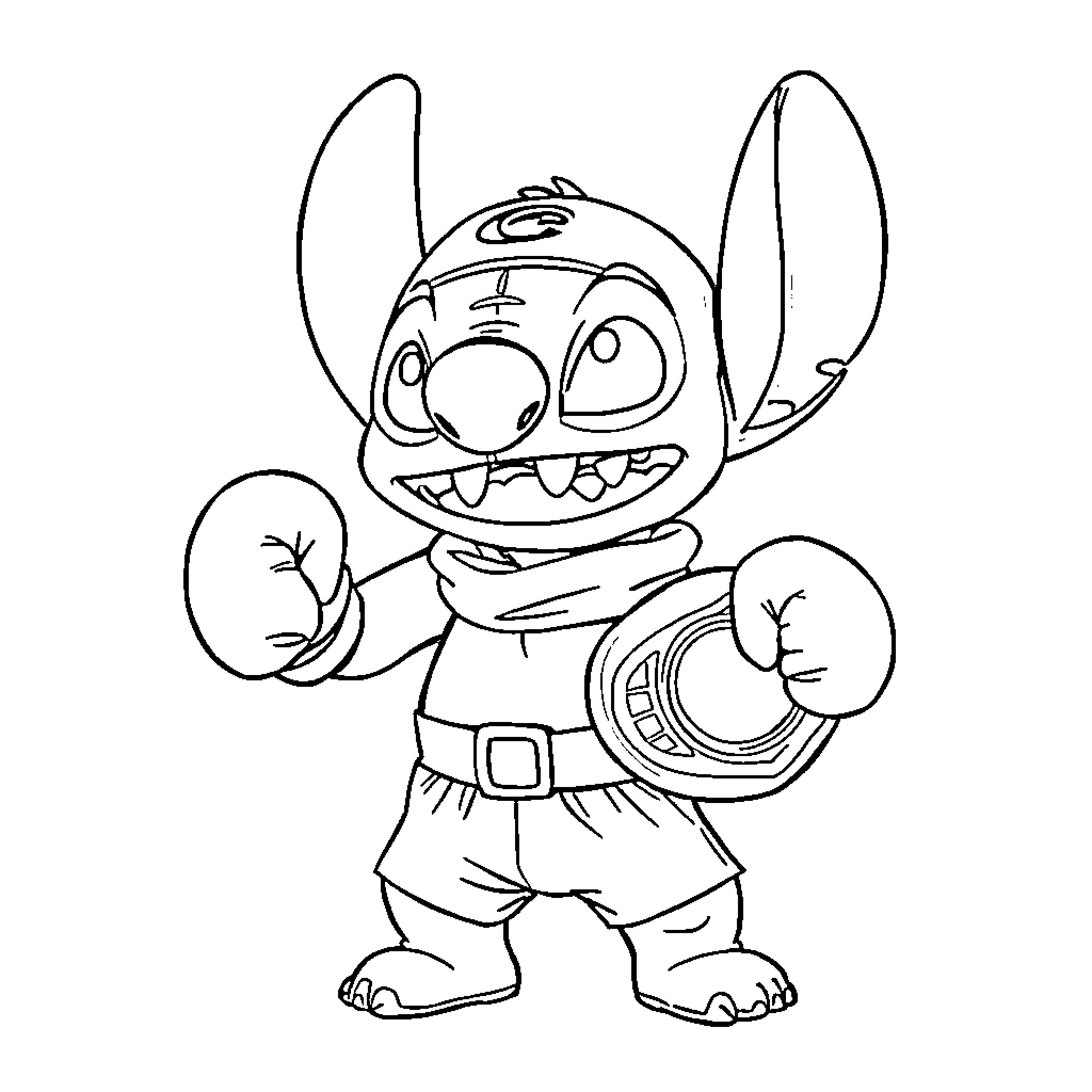 Stitch wearing uniform and boxing gloves Coloring Page (free black-and-white line drawing printable PDF for all, from beginners to advanced learners, including children, teens, adults, and seniors)