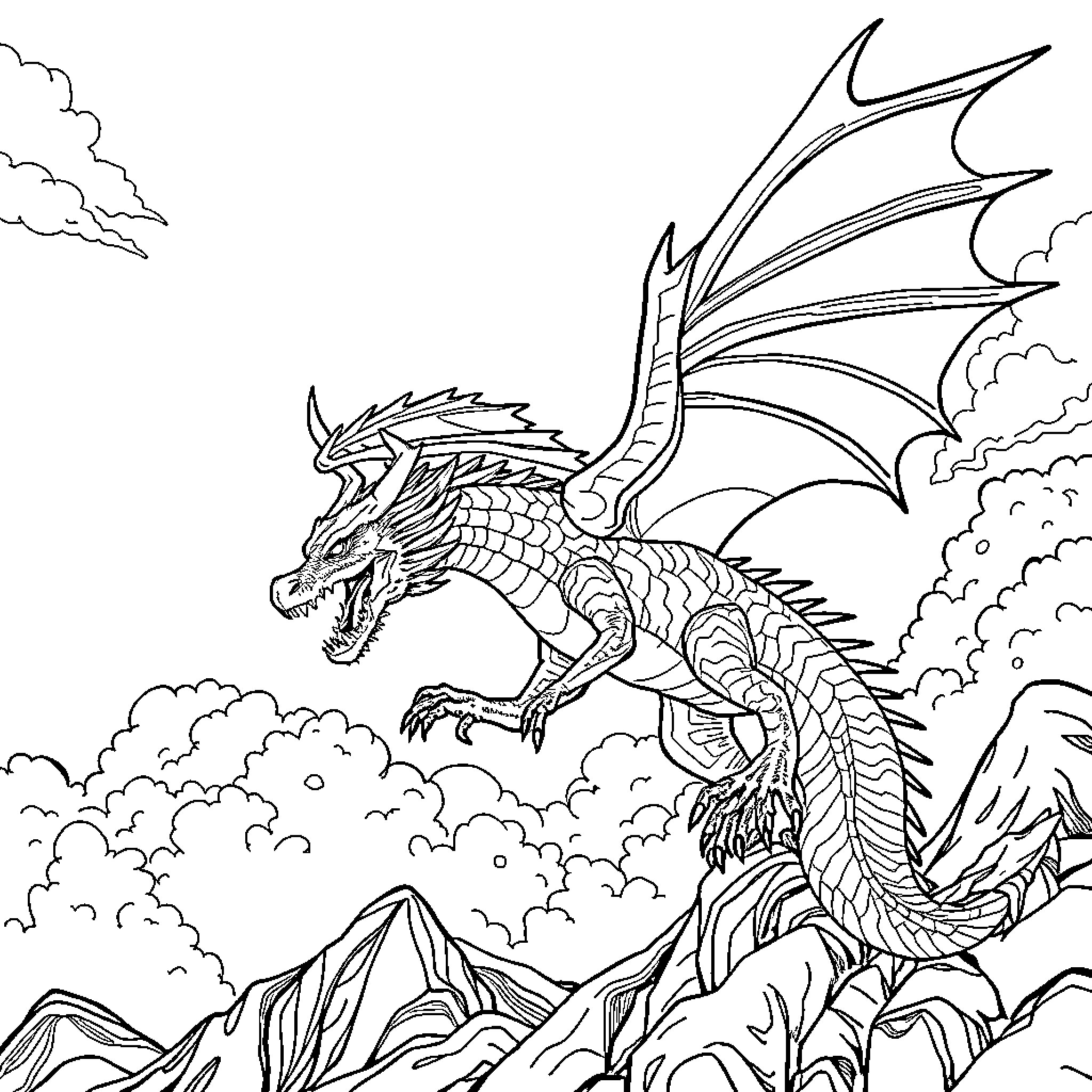 Dragon soaring over majestic mountains Coloring Page (free black-and-white line drawing printable PDF for all, from beginners to advanced learners, including children, teens, adults, and seniors)