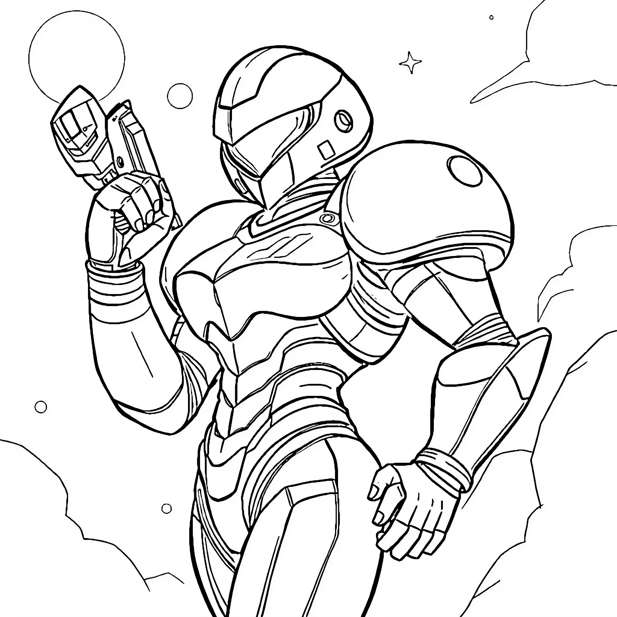 Samus in action-ready pose with futuristic gear Coloring Page (free black-and-white line drawing printable PDF for all, from beginners to advanced learners, including children, teens, adults, and seniors)
