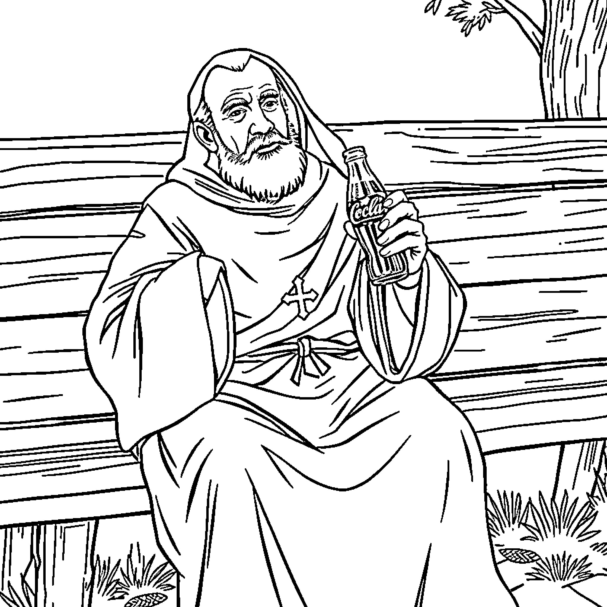 Monk praying peacefully by the river Coloring Page (free black-and-white line drawing printable PDF for all, from beginners to advanced learners, including children, teens, adults, and seniors)