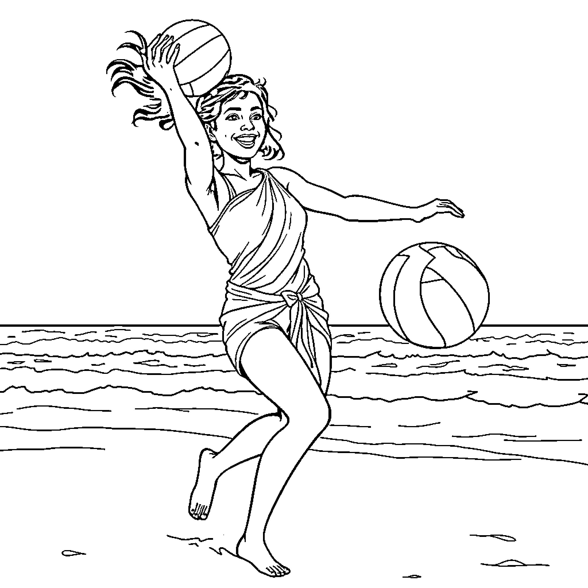 Lady joyfully playing with beach ball in the surf Coloring Page (free black-and-white line drawing printable PDF for all, from beginners to advanced learners, including children, teens, adults, and seniors)