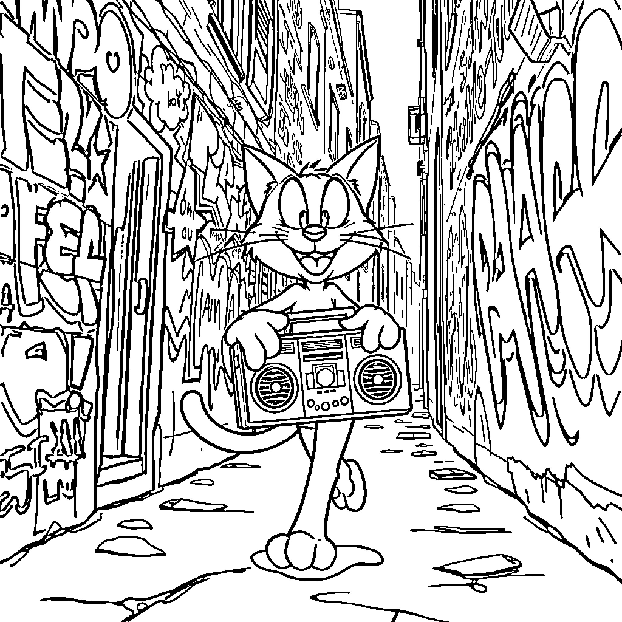 Felix's Groovy Street Adventure Coloring Page (free black-and-white line drawing printable PDF for all, from beginners to advanced learners, including children, teens, adults, and seniors)