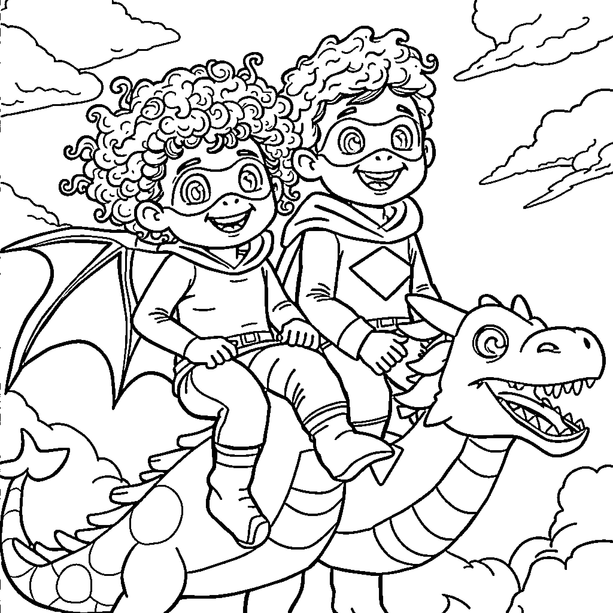Superhero Kids Playing with Dragon Companion Coloring Page (free black-and-white line drawing printable PDF for all, from beginners to advanced learners, including children, teens, adults, and seniors)