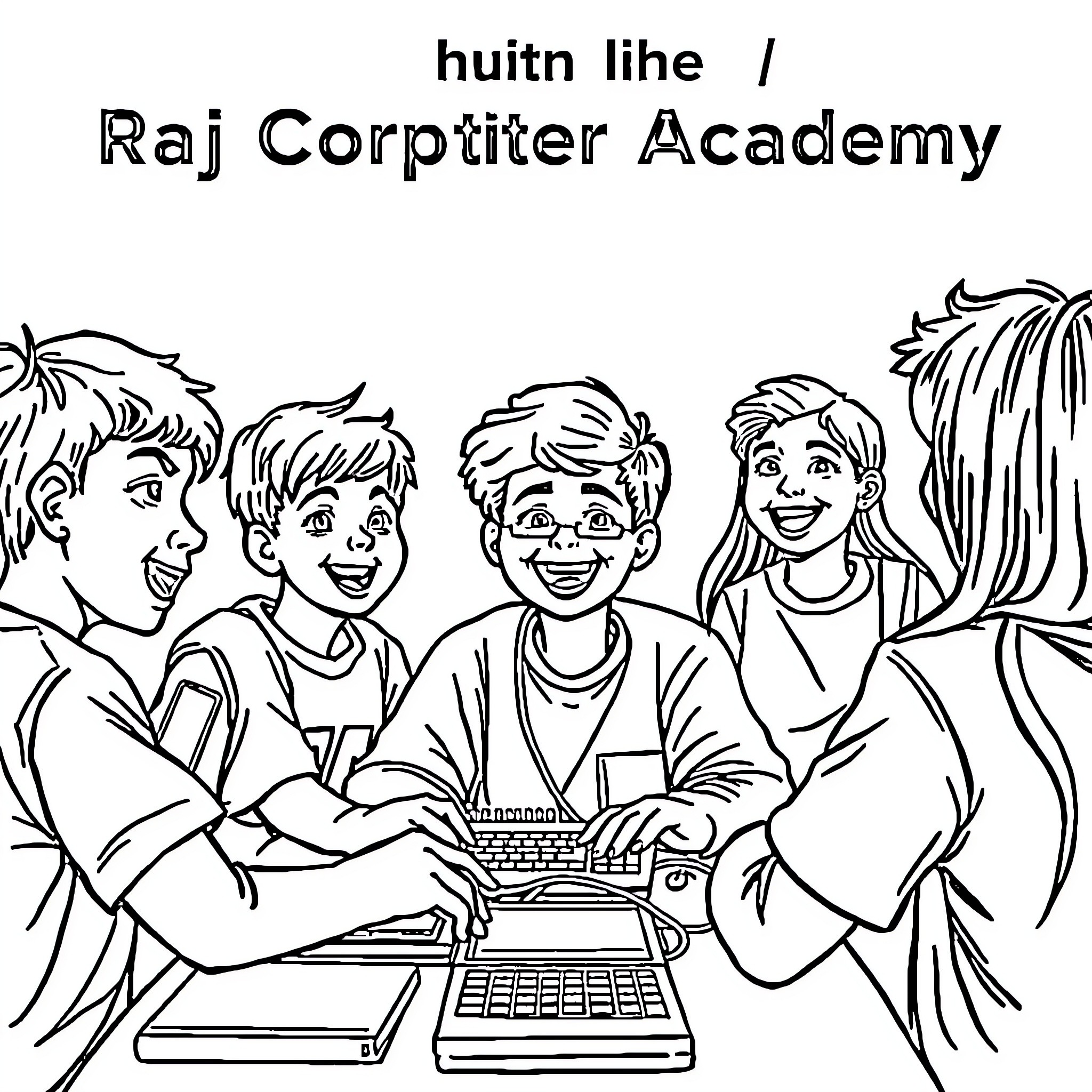 Students learning technology at Raj Corptiter Academy Coloring Page (free black-and-white line drawing printable PDF for all, from beginners to advanced learners, including children, teens, adults, and seniors)