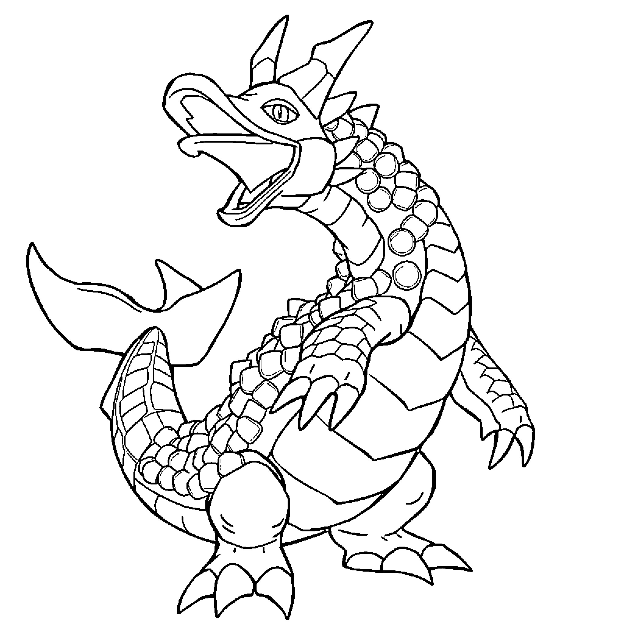Gyarados in fierce battle stance Coloring Page (free black-and-white line drawing printable PDF for all, from beginners to advanced learners, including children, teens, adults, and seniors)