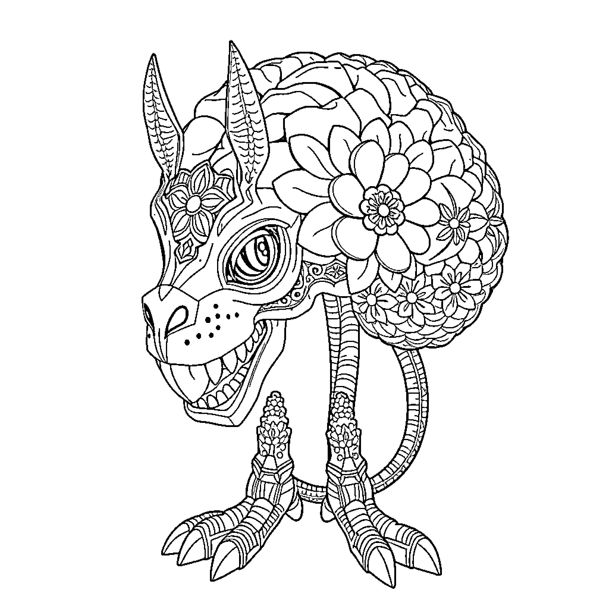 Papercraft Fantastical Creature Illustration Coloring Page (free black-and-white line drawing printable PDF for all, from beginners to advanced learners, including children, teens, adults, and seniors)