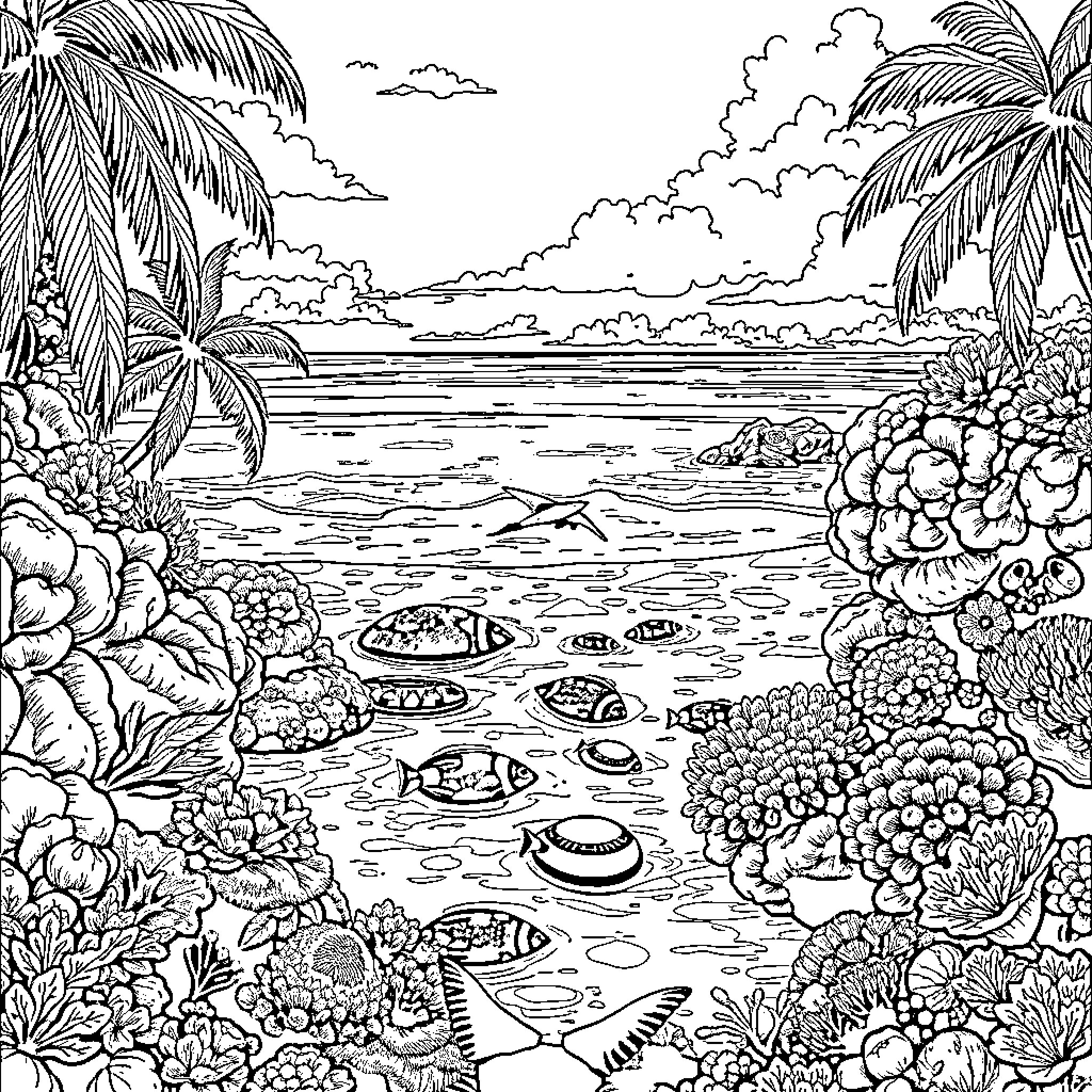 Palau: A Vibrant Underwater Wonderland Coloring Page (free black-and-white line drawing printable PDF for all, from beginners to advanced learners, including children, teens, adults, and seniors)