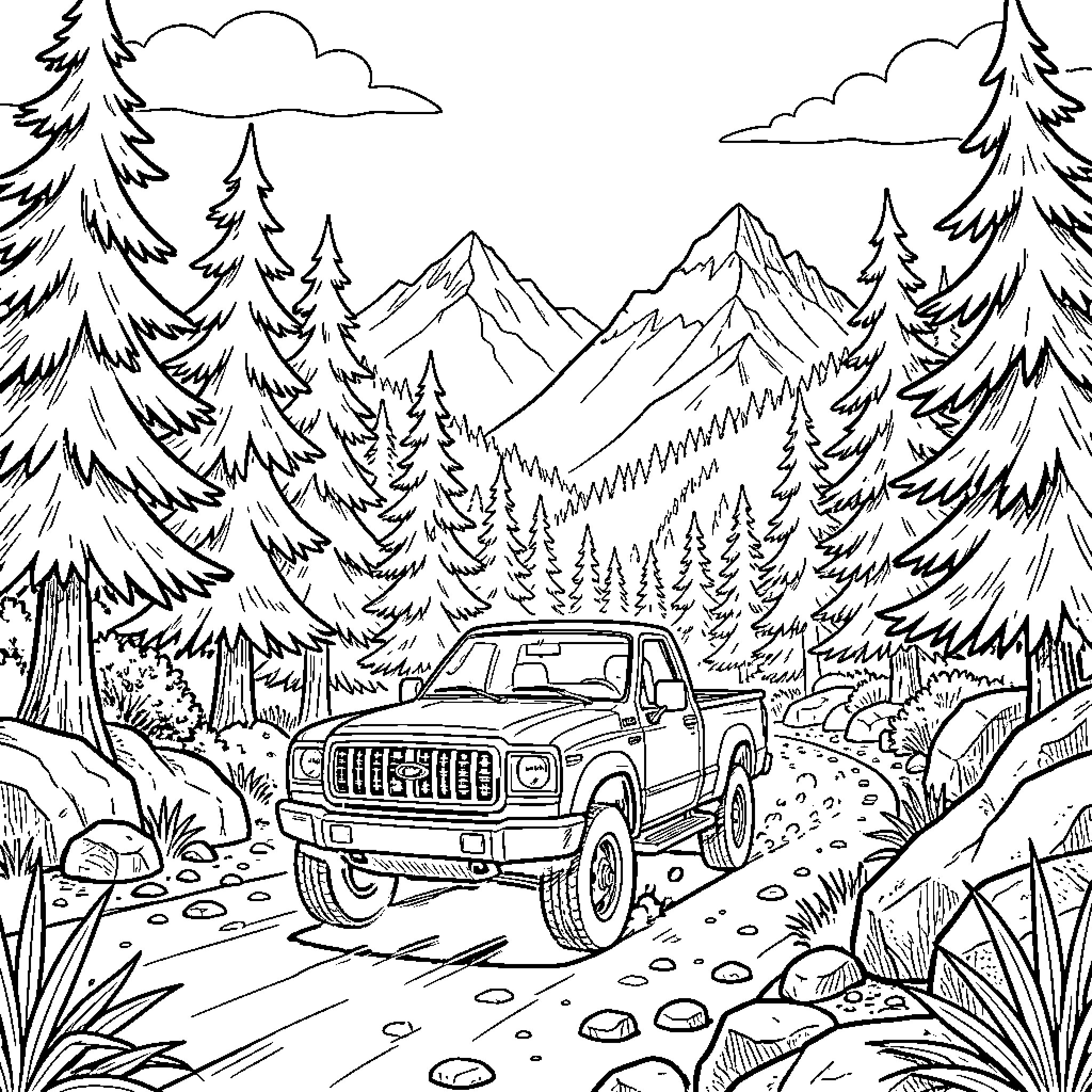 Truck traversing rugged mountain trail Coloring Page (free black-and-white line drawing printable PDF for all, from beginners to advanced learners, including children, teens, adults, and seniors)