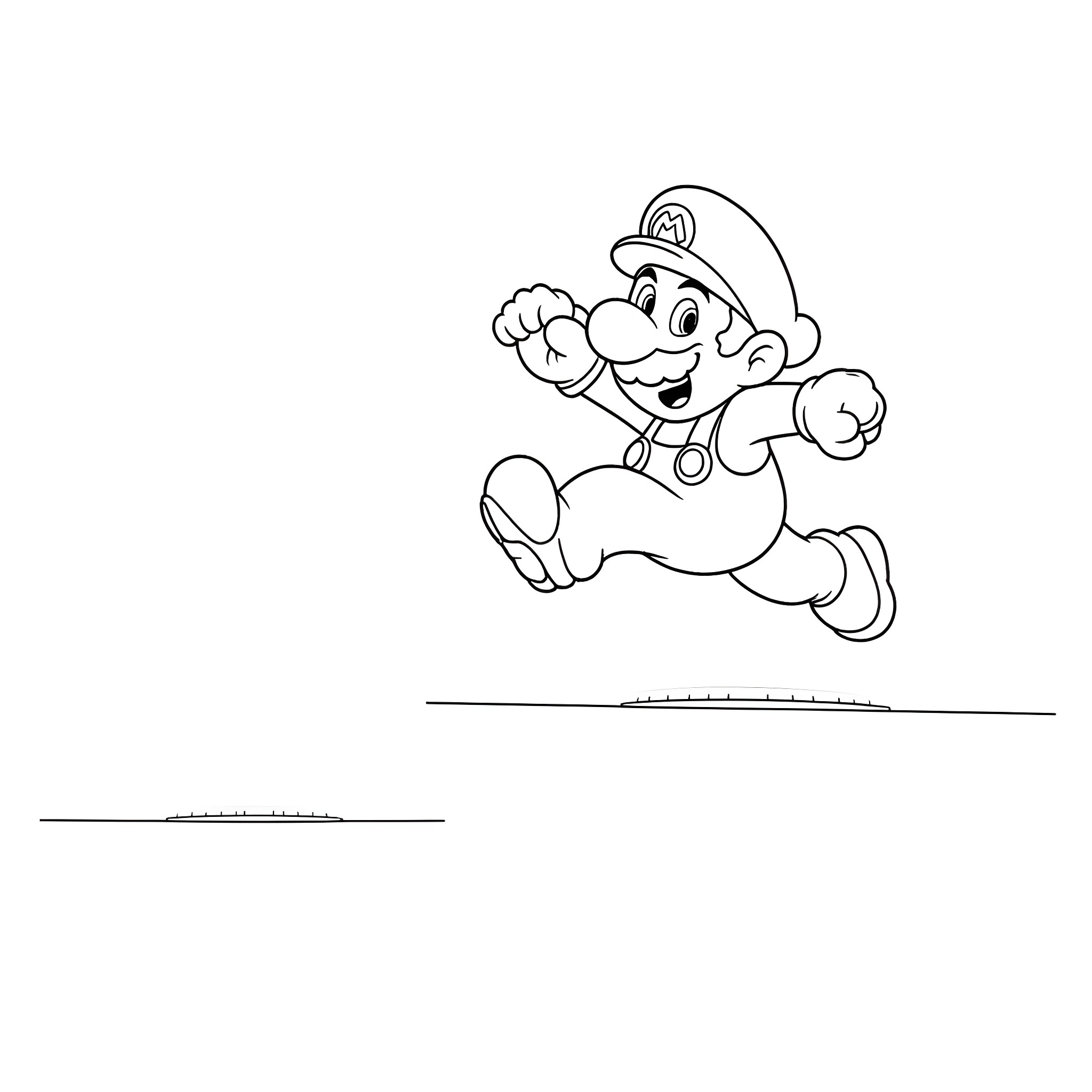 Super Mario jumping happily in the game Coloring Page (free black-and-white line drawing printable PDF for all, from beginners to advanced learners, including children, teens, adults, and seniors)