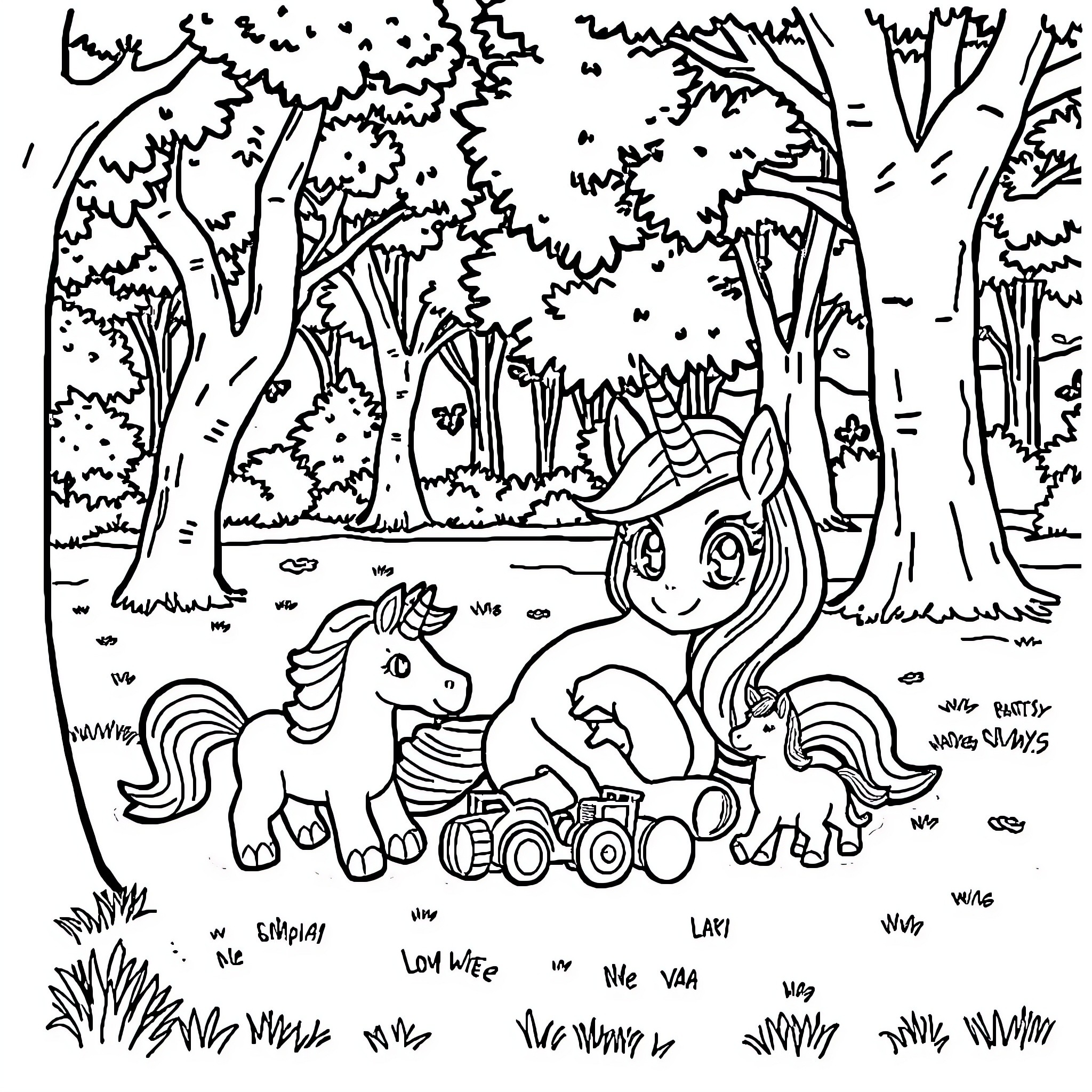 Skye's Fantasy Forest Adventure Coloring Page (free black-and-white line drawing printable PDF for all, from beginners to advanced learners, including children, teens, adults, and seniors)