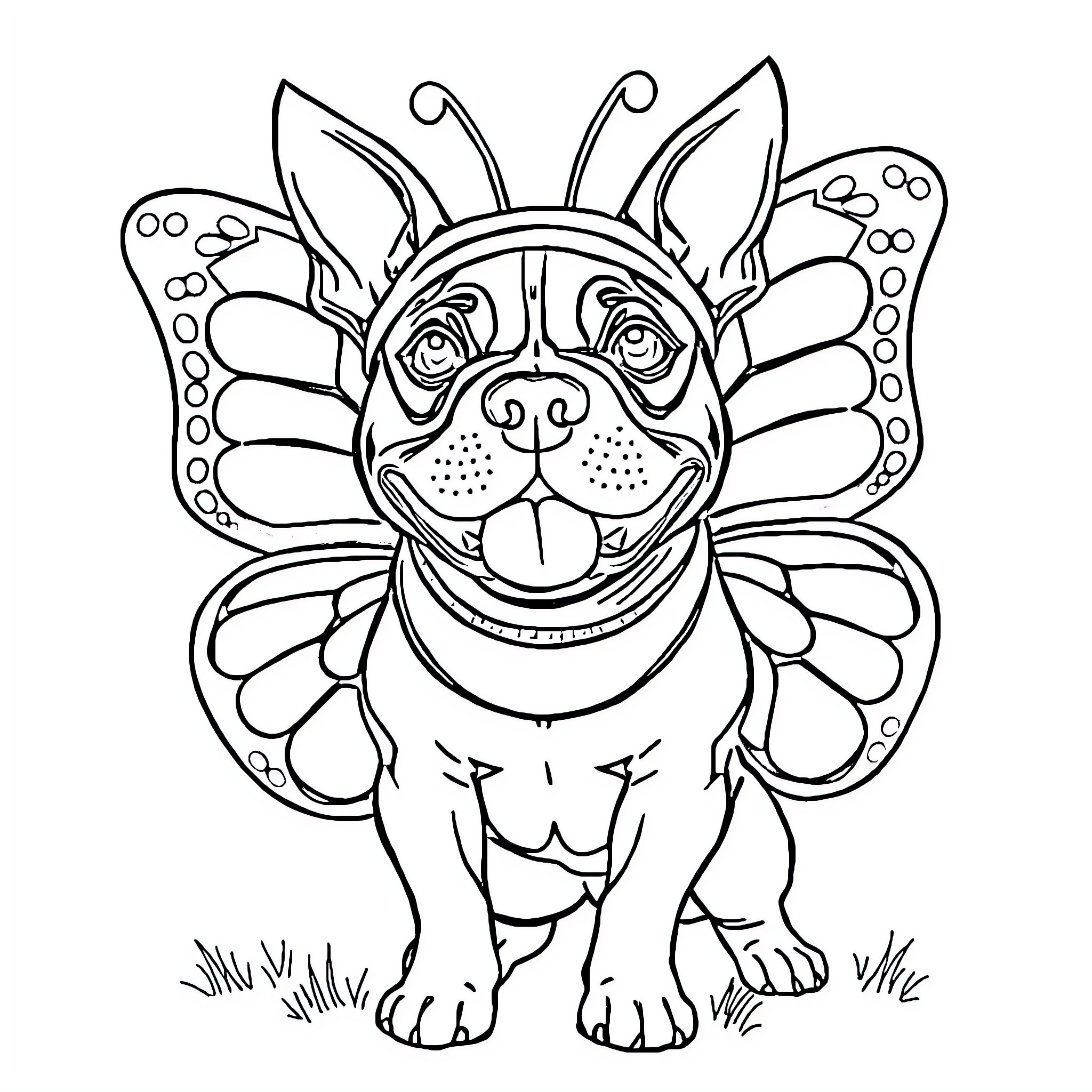 Pitbull dressed as a whimsical butterfly Coloring Page (free black-and-white line drawing printable PDF for all, from beginners to advanced learners, including children, teens, adults, and seniors)