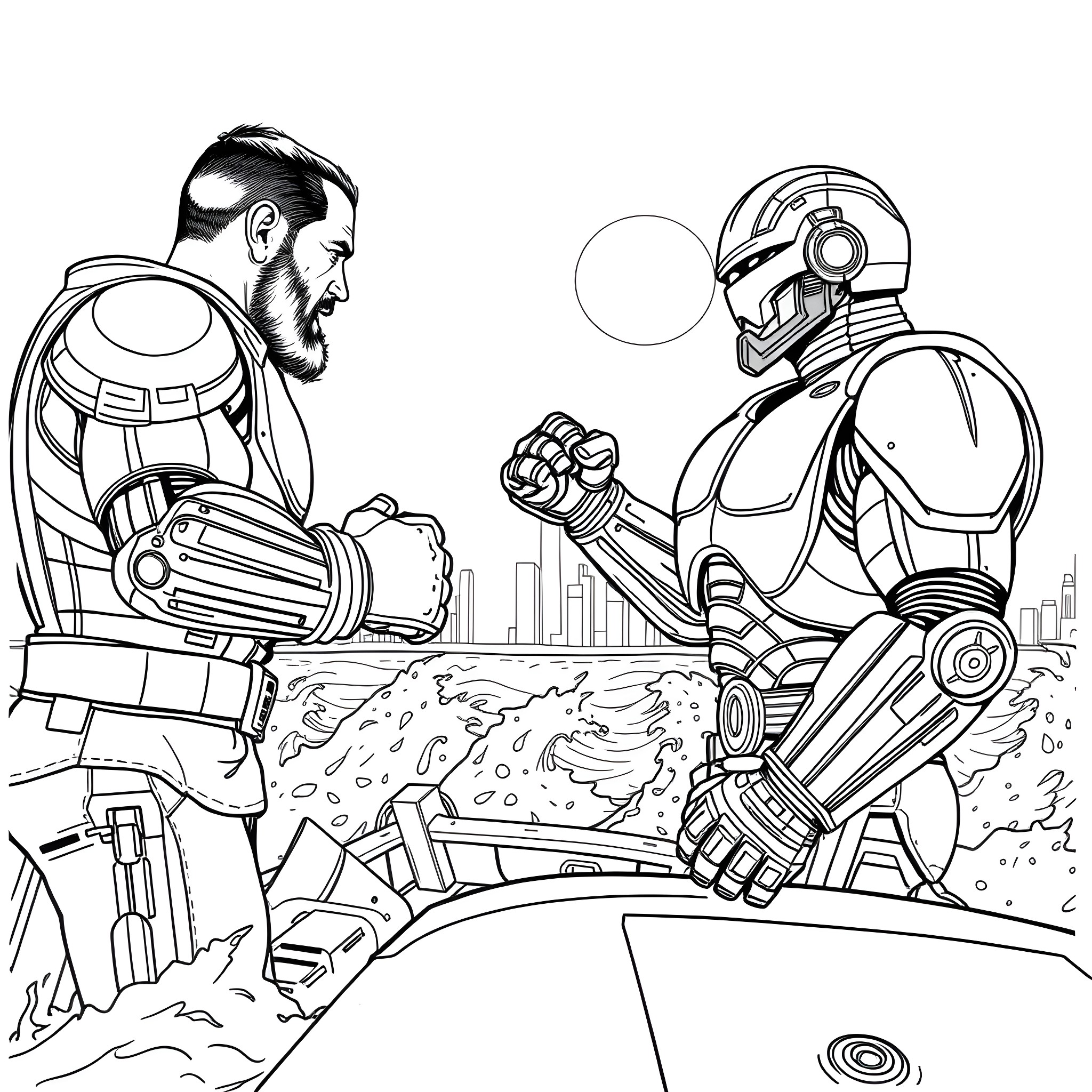 Conor McGregor vs Robot Showdown Coloring Page (free black-and-white line drawing printable PDF for all, from beginners to advanced learners, including children, teens, adults, and seniors)