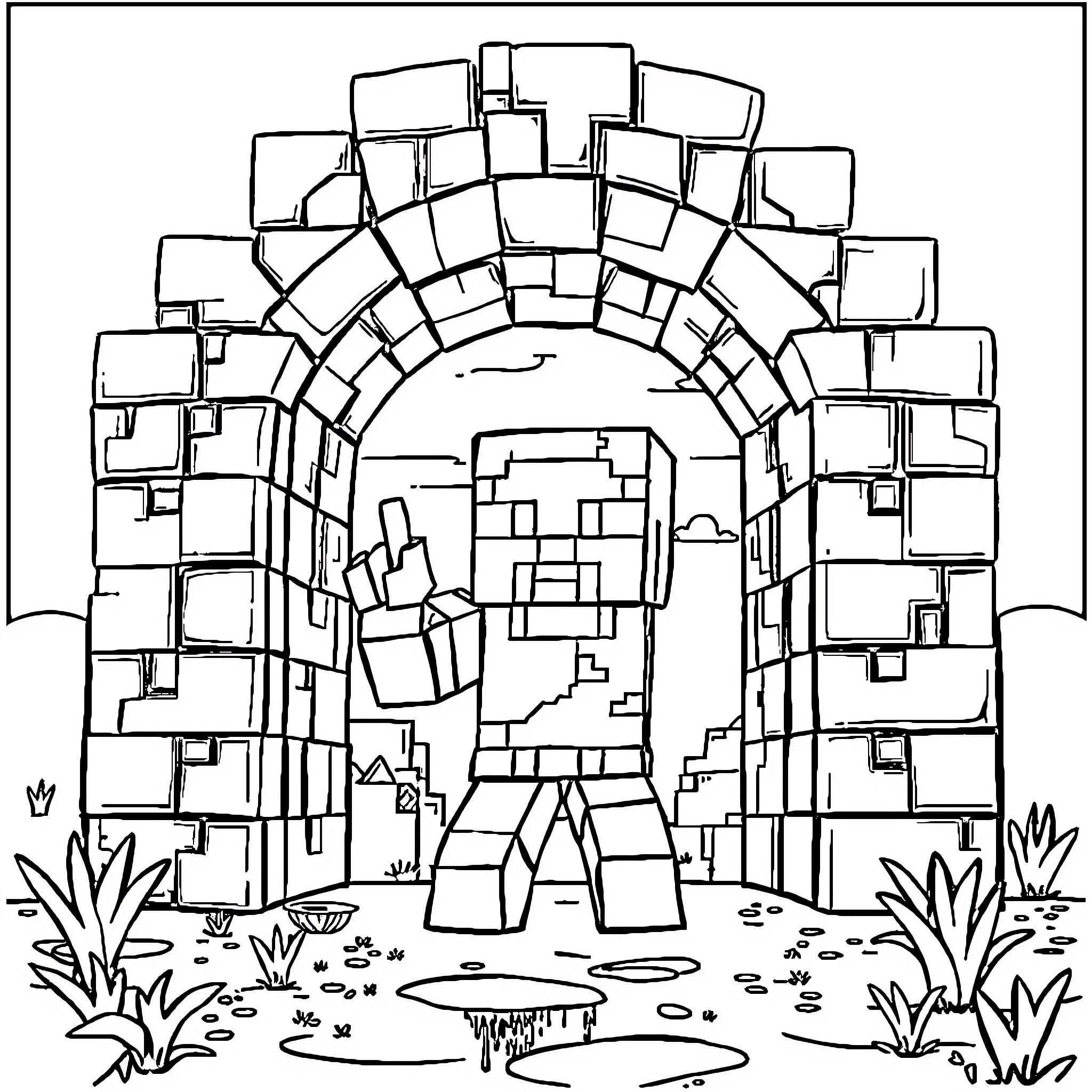 Minecraft Skeleton standing in an archway Coloring Page (free black-and-white line drawing printable PDF for all, from beginners to advanced learners, including children, teens, adults, and seniors)