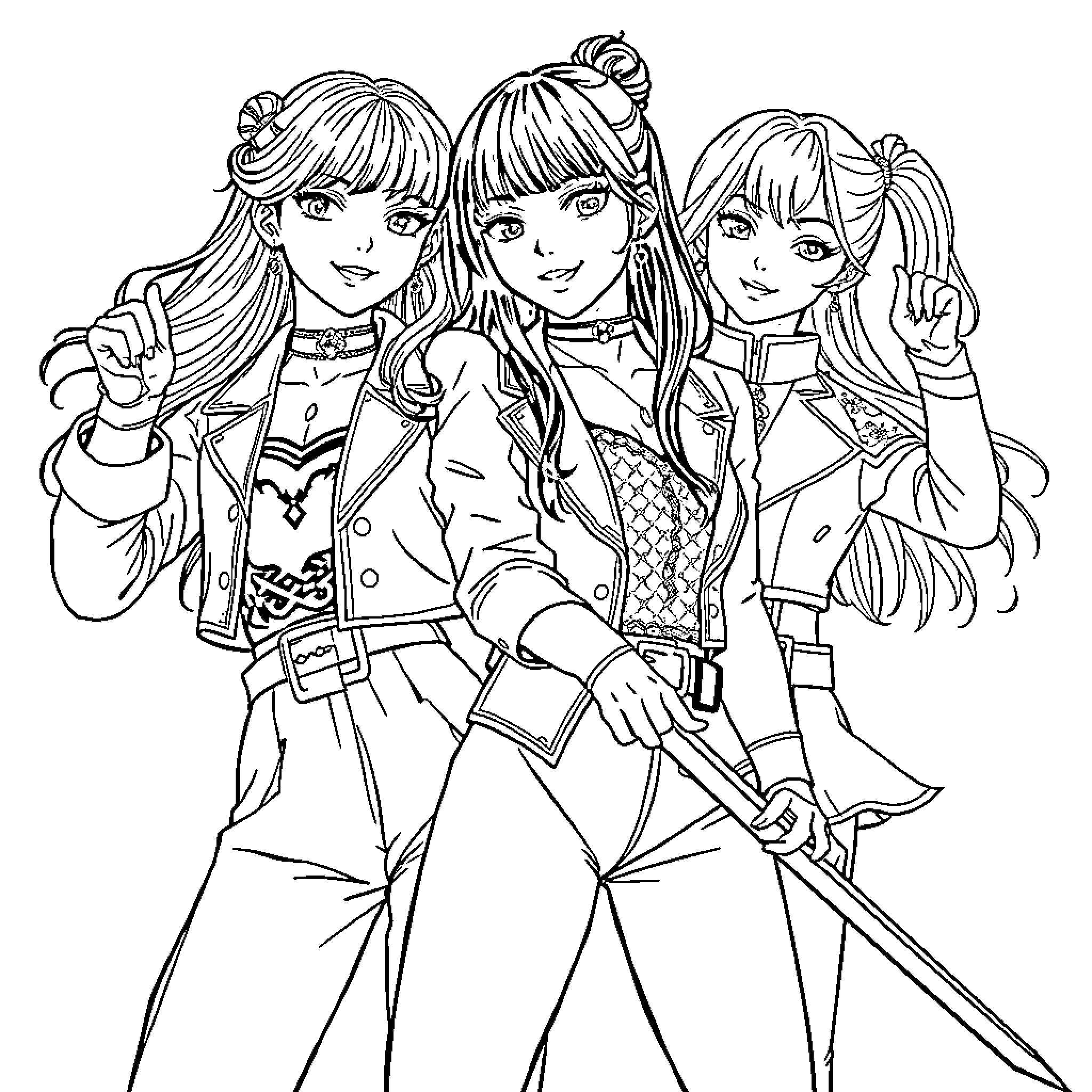 Kpop Girls Posing Stylishly in Anime-Inspired Outfits Coloring Page (free black-and-white line drawing printable PDF for all, from beginners to advanced learners, including children, teens, adults, and seniors)