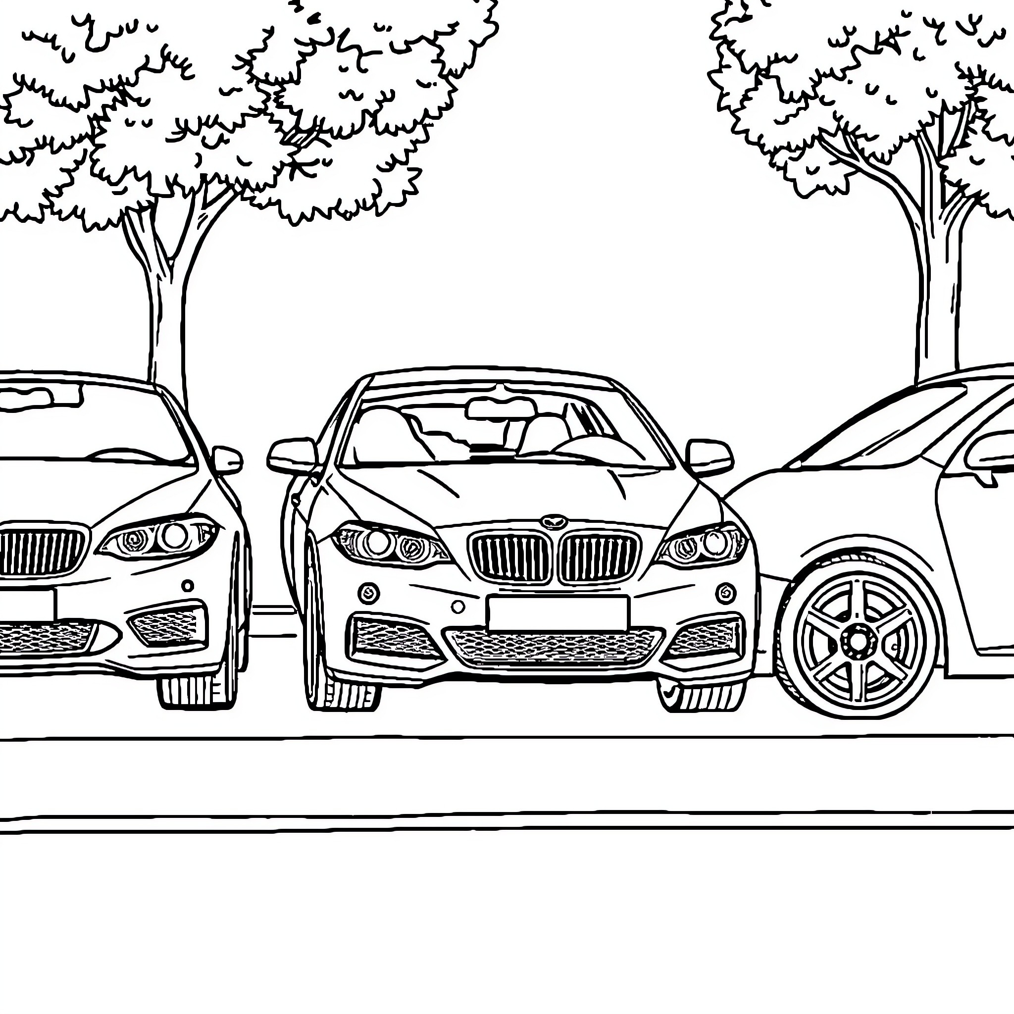 Cars parked in scenic outdoor setting Coloring Page (free black-and-white line drawing printable PDF for all, from beginners to advanced learners, including children, teens, adults, and seniors)